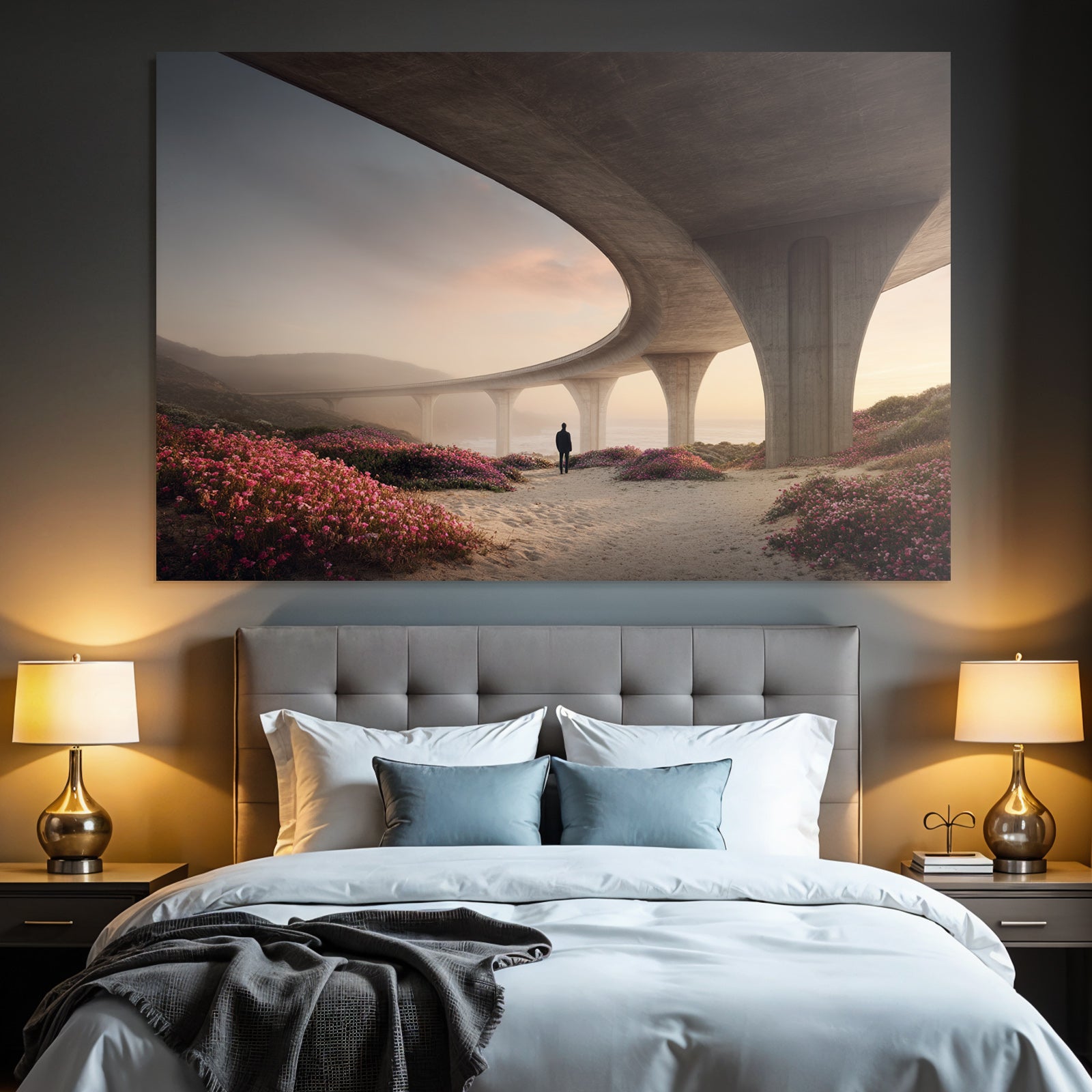 Ruhige Landschaft Brücke Blumen Himmel Dämmerung | Duenen und Heide | Landschaften