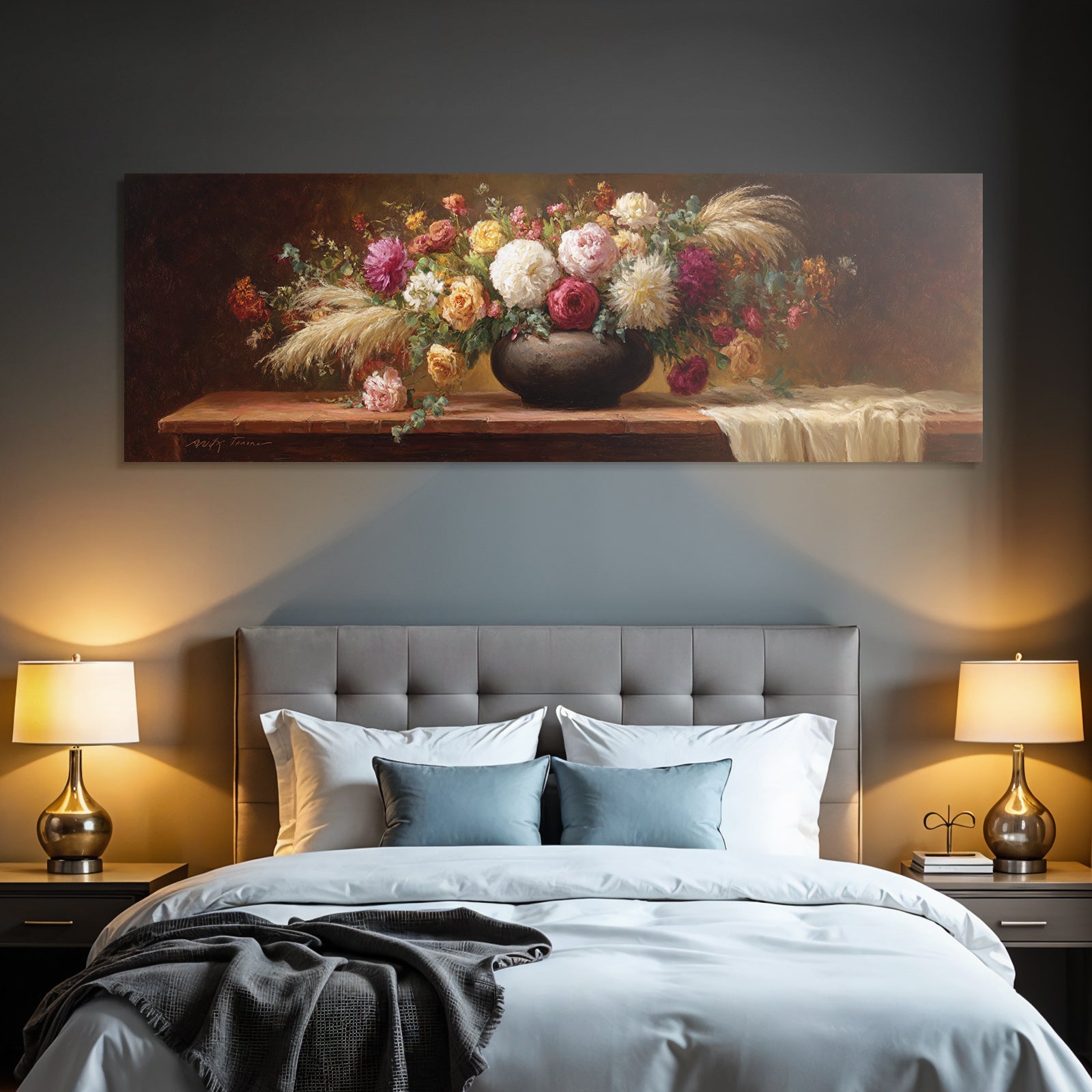 Trocken Retro Flowers Stillleben Dunkel Vase Holzoberfläche Vibrante Farben