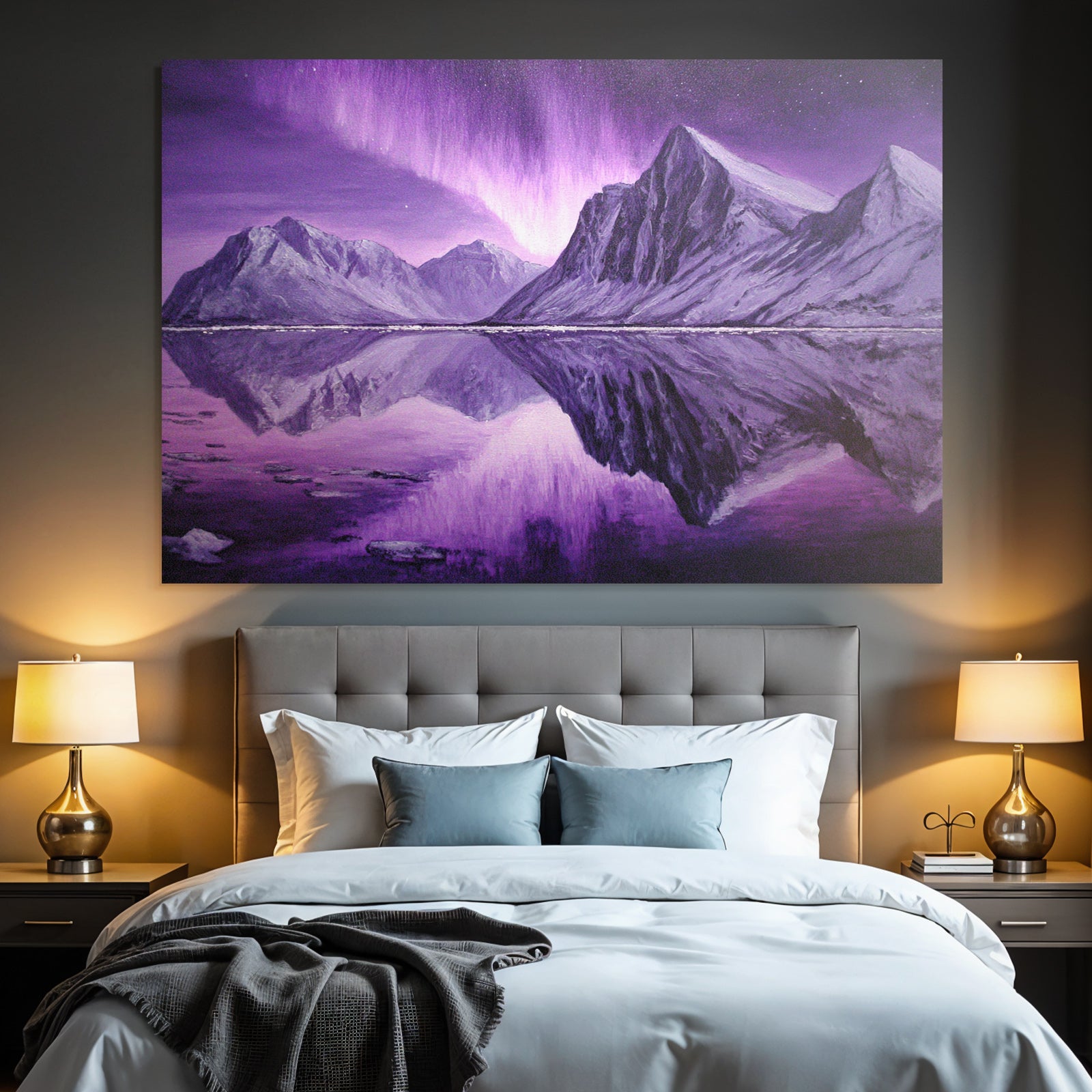 Polarlicht Berglandschaft Mit Aurora Borealis Reflexionen | Fjorde und Gletscher | Landschaften