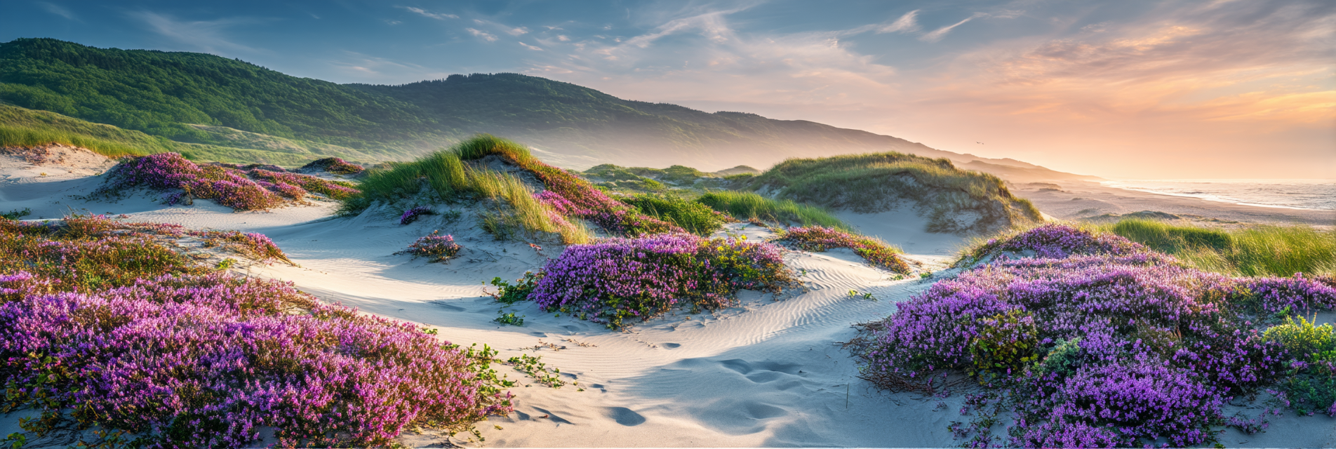 Sanddünen Mit Lila Blumen Und Sonnenuntergang Am Meer | Duenen und Heide | Landschaften