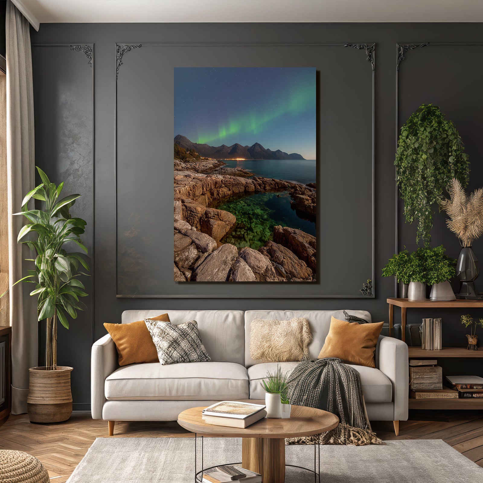 Polarlicht Felsenküste Klare Wasser Und Nordlichter Nachtlandschaft | Fjorde und Gletscher | Landschaften