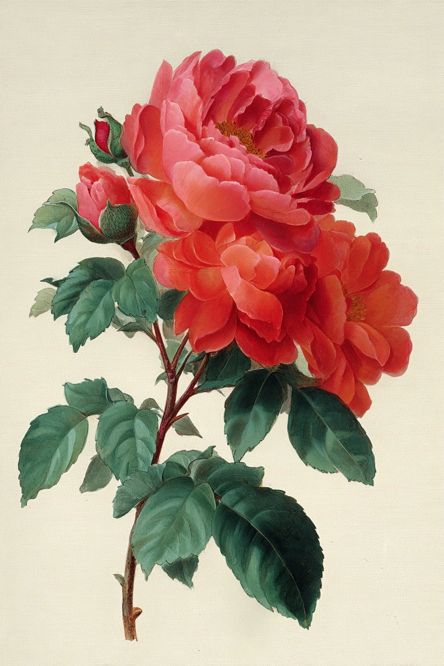 Botanische Illustration Roter Rosen Im Vollblute Mit Blütenknospen Und Grünen Blättern