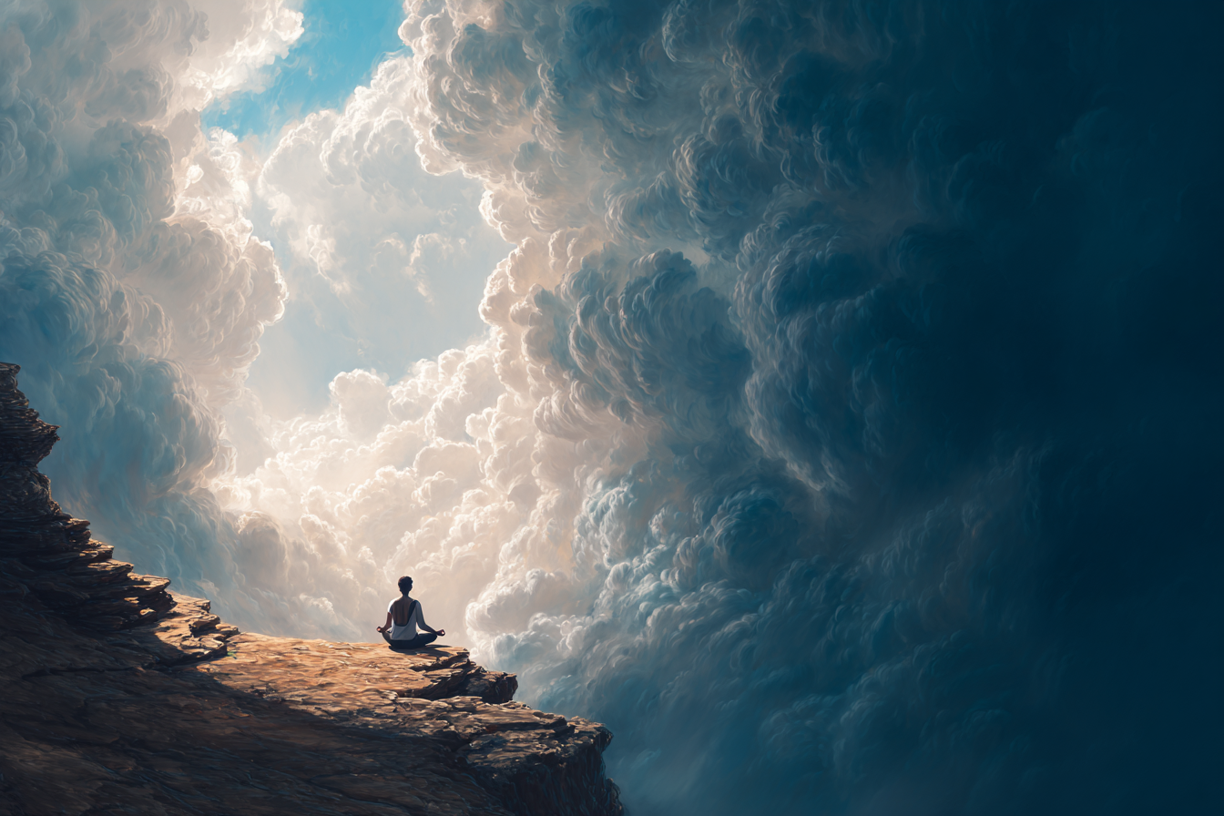 Yoga Meditation Meditierender Mensch Auf Felsen Bei Dramatischen Wolken Traditionelle Stille | Yoga und Meditation | Themen und Hobbys
