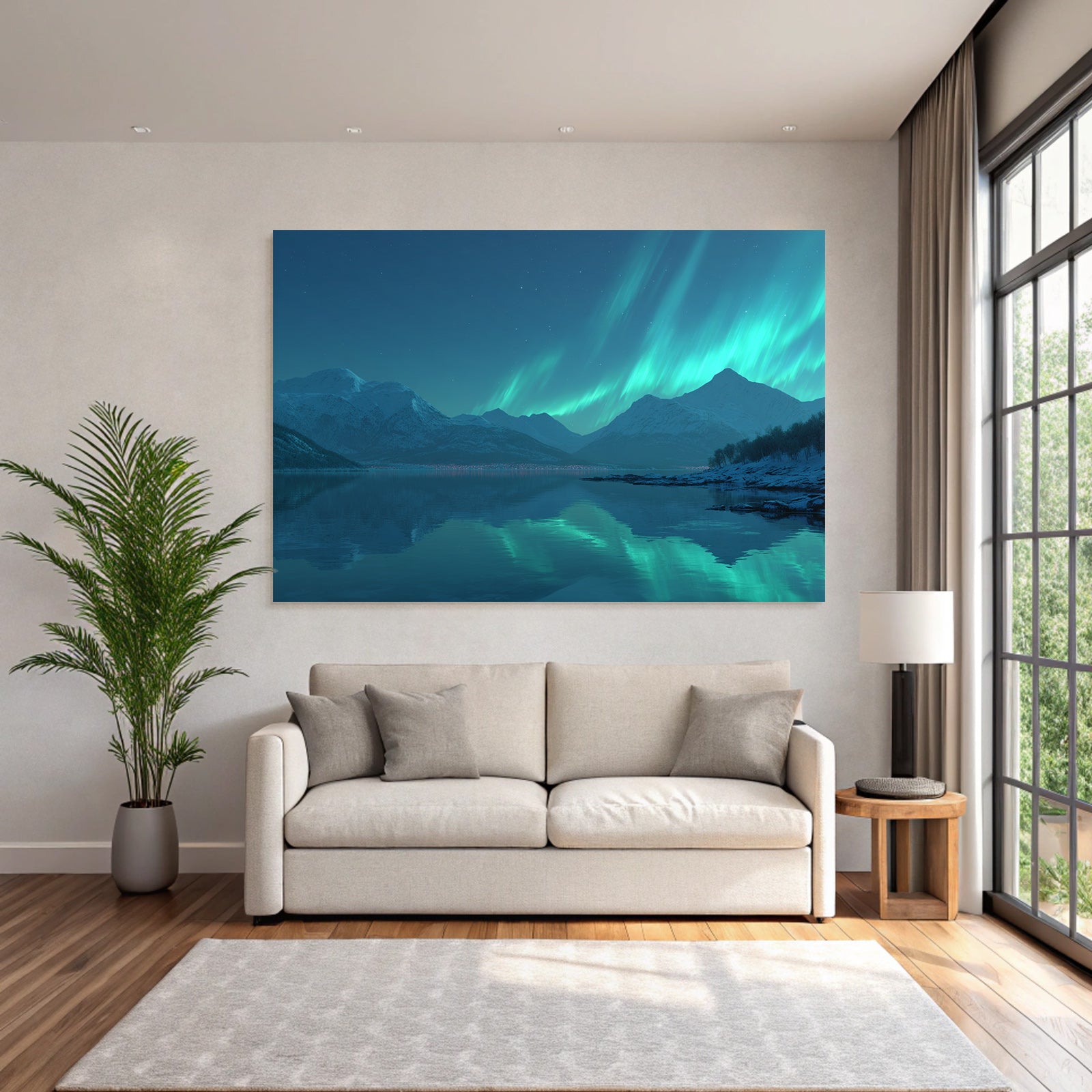 Polarlicht Schneebedeckte Berge Ruhe Im Wasser Aurora Borealis Nacht Szene | Fjorde und Gletscher | Landschaften