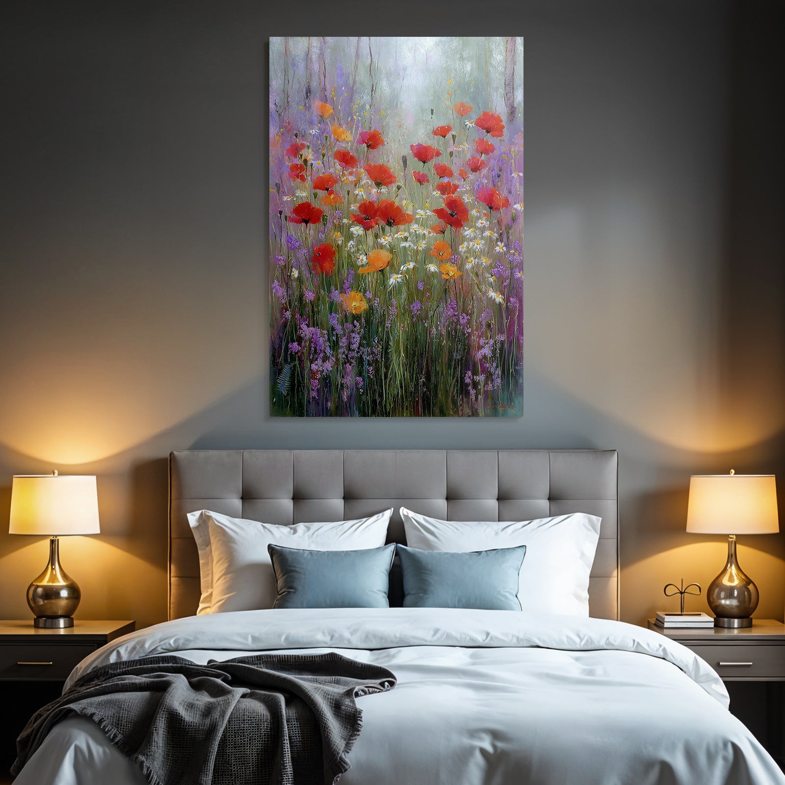 Wildwiese Mit Roten Mohn Weissen Gänseblümchen Und Lila Blüten