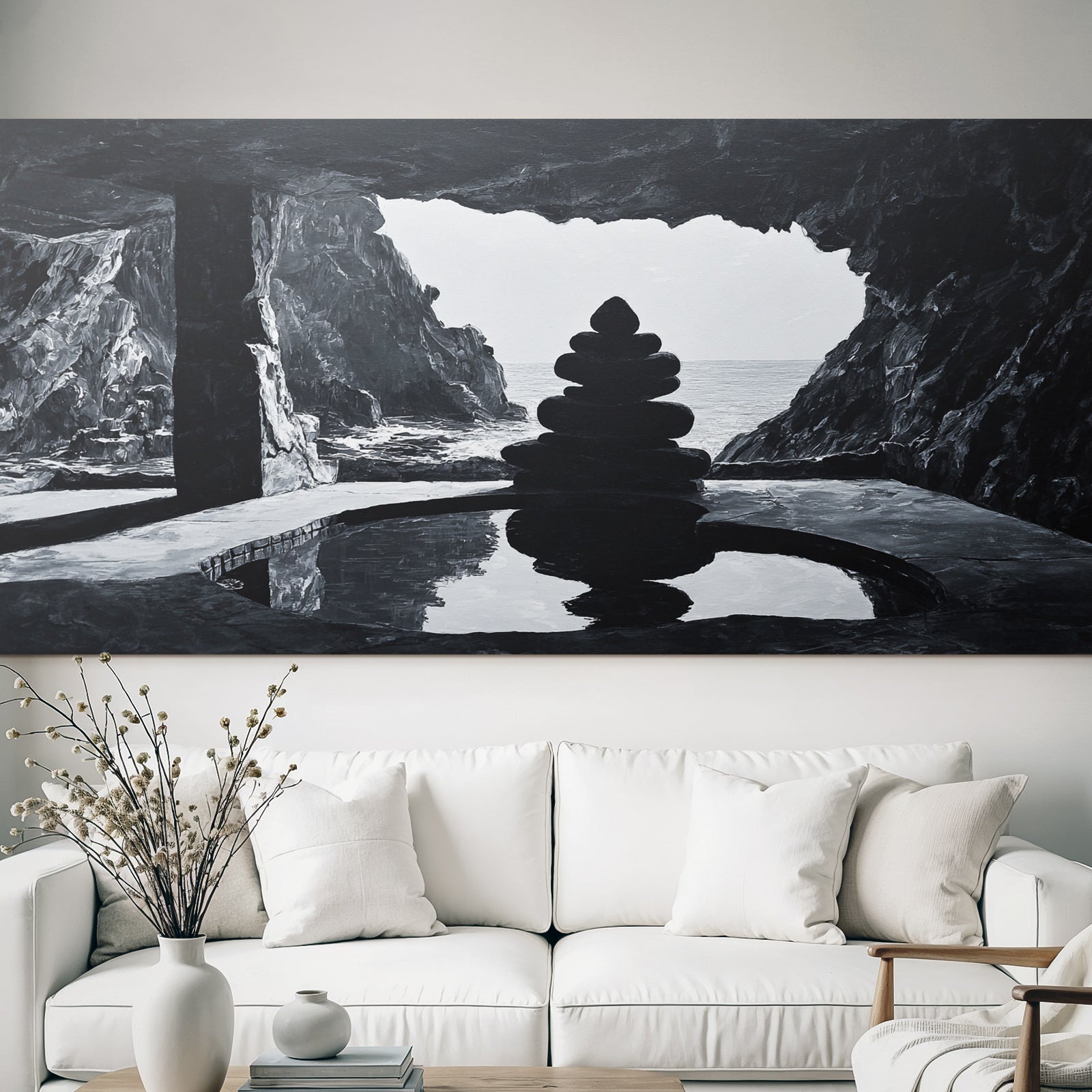 Yoga Meditation Monochromes Gebirgslandschaft Mit Kies Stapel Und Meeröffnung | Yoga und Meditation | Themen und Hobbys