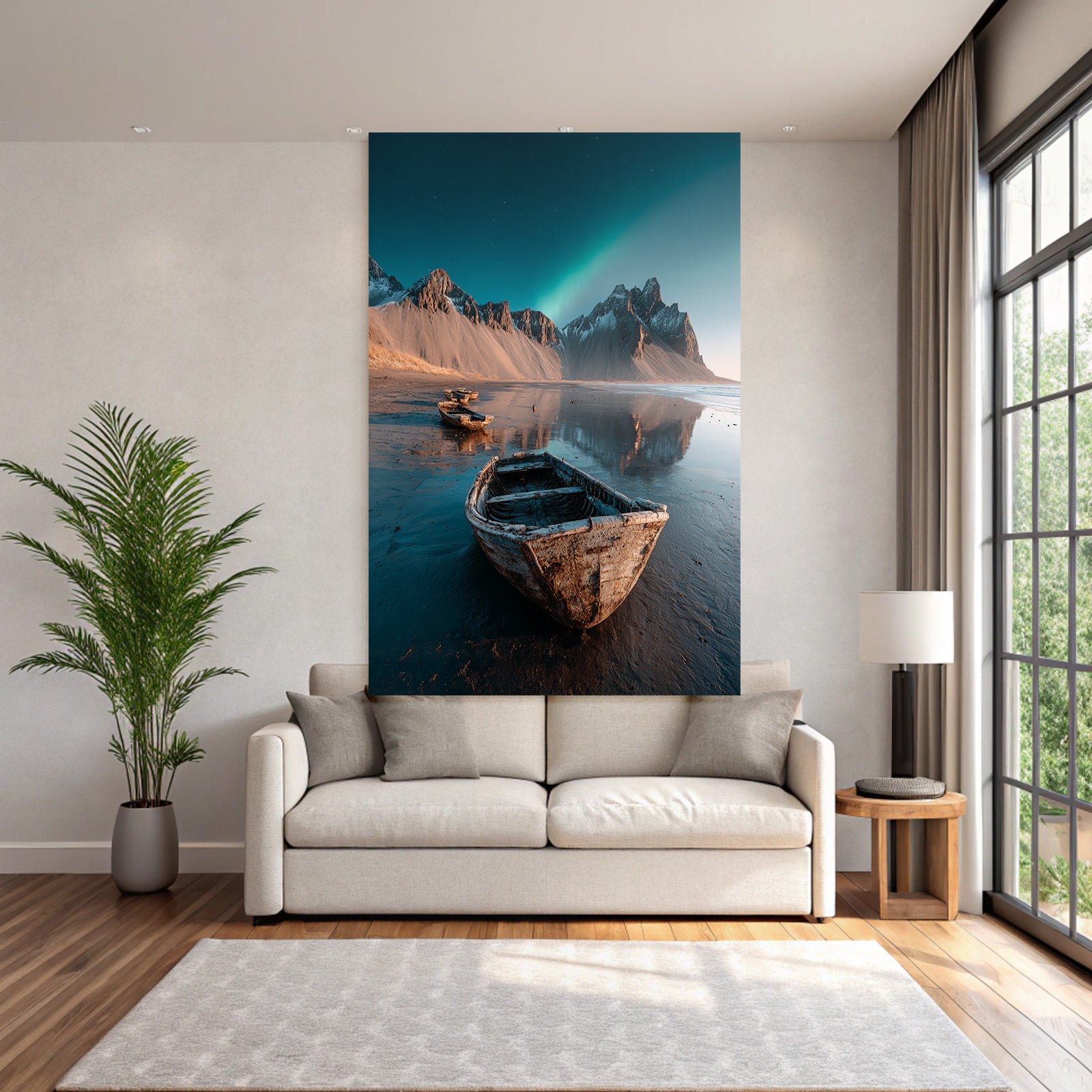 Polarlicht Tranquille Küstenlandschaft Mit Boote Und Aurora Borealis | Fjorde und Gletscher | Landschaften
