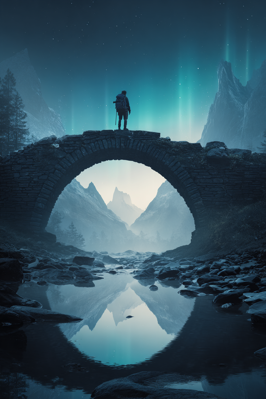 Polarlicht Landschaft Mit Brücke Und Northern Lights In Mödiger Atmosphäre | Fjorde und Gletscher | Landschaften