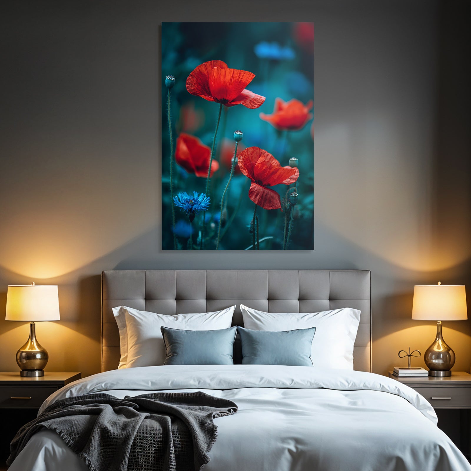 Träumerische Wiese Mit Roten Mohn Und Blaün Korn