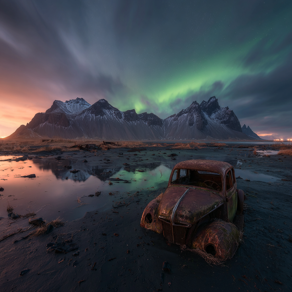 Polarlicht Rustiger Alter Wagen Im Vordergrund Unter Aurora Borealis Himmel | Fjorde und Gletscher | Landschaften