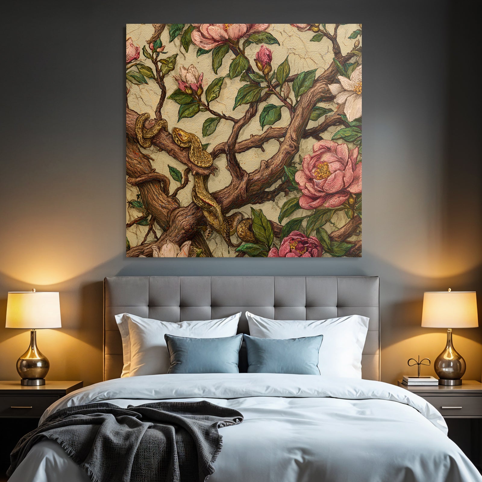 Verflochtene Zweige Mit Rosa Magnolien Und Schlange