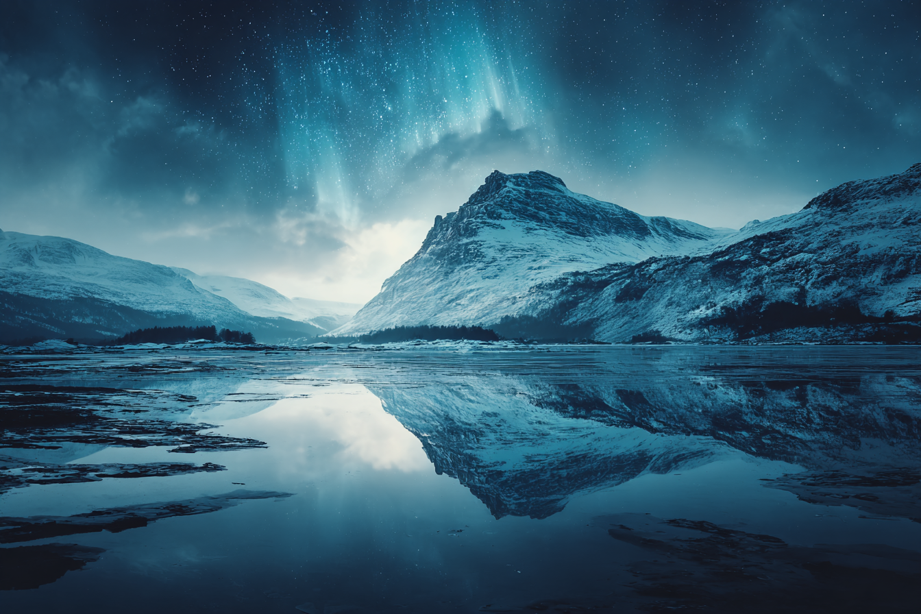 Polarlicht Szenische Landlandschaft Mit Bergen Und Aurora Borealis Reflektiert Im Wasser | Fjorde und Gletscher | Landschaften