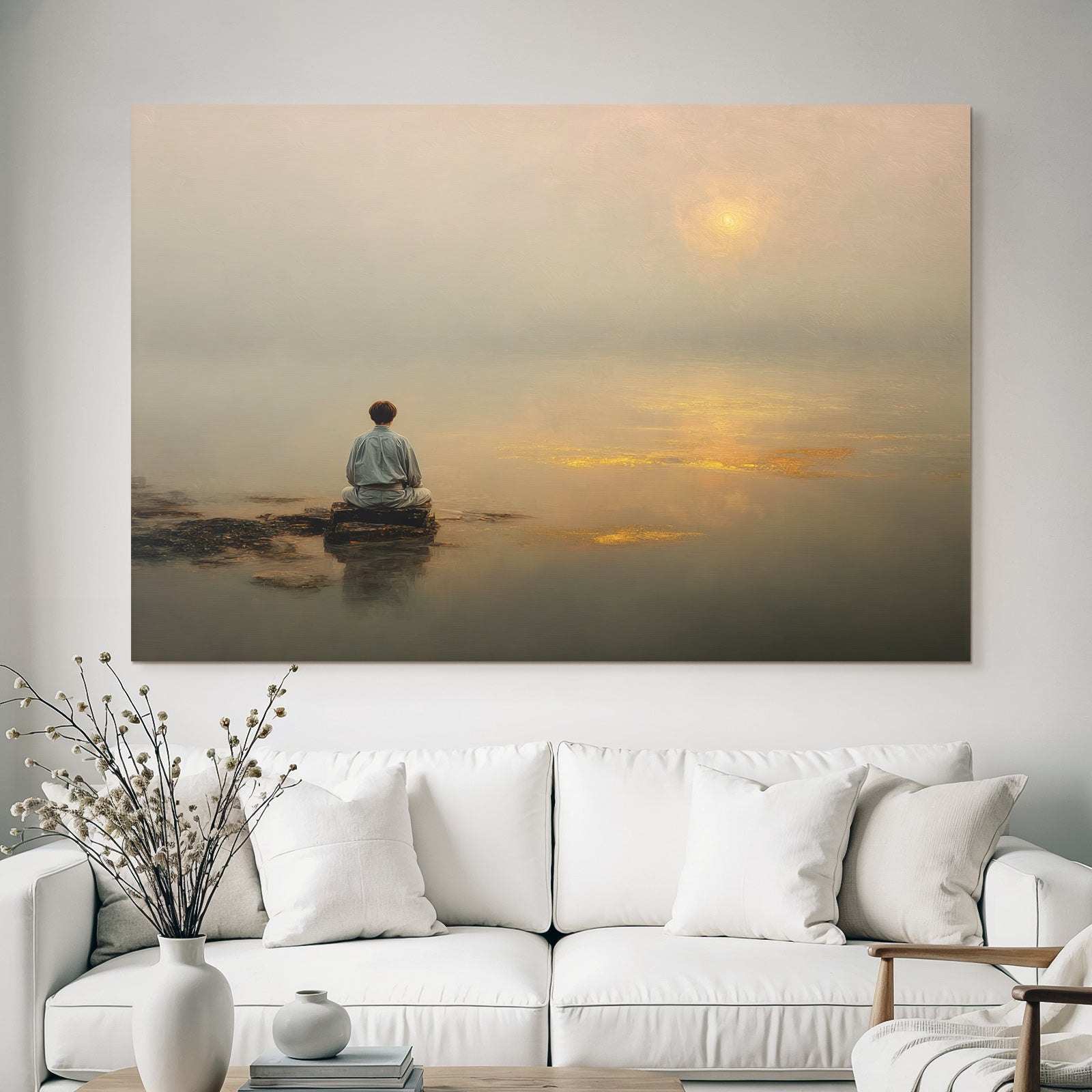 Yoga Meditation Friedliche Szene Person Am Stein Im Nebel Bei Wasser Horizont Ruhiger Moment | Yoga und Meditation | Themen und Hobbys