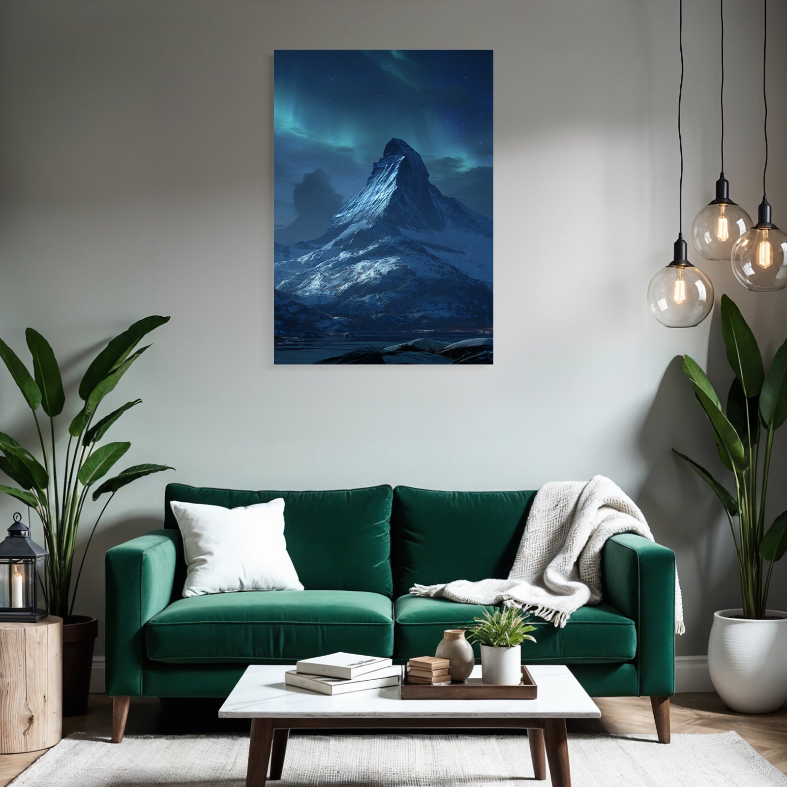 Polarlicht Dramatische Gebirgslandschaft Nacht Aurora Borealis Schneebedeckt | Fjorde und Gletscher | Landschaften