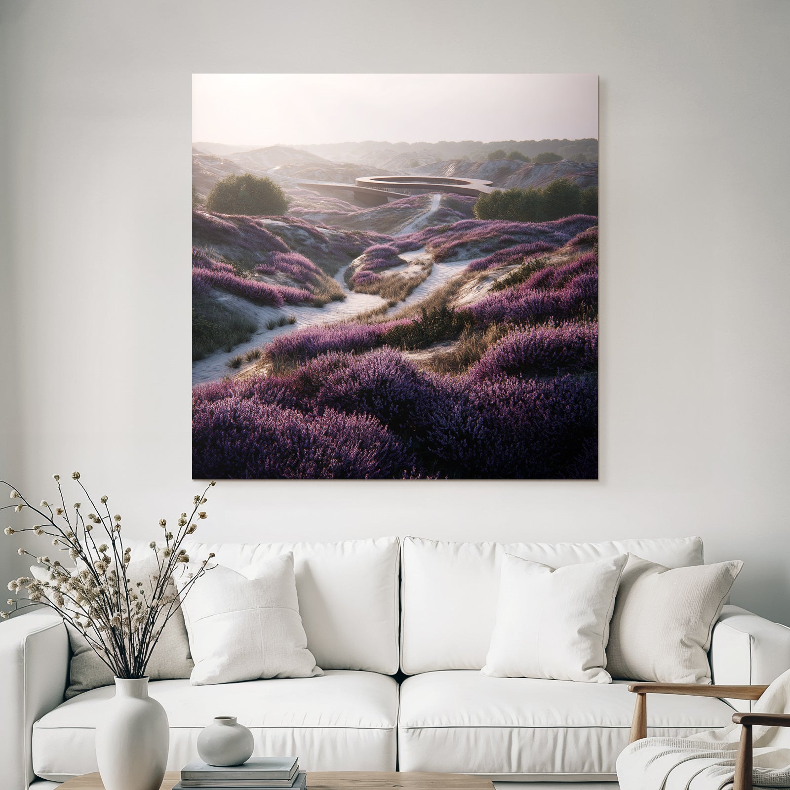 Landschaft Mit Heideblumen Modernen Architektur Dawn Dusk | Duenen und Heide | Landschaften