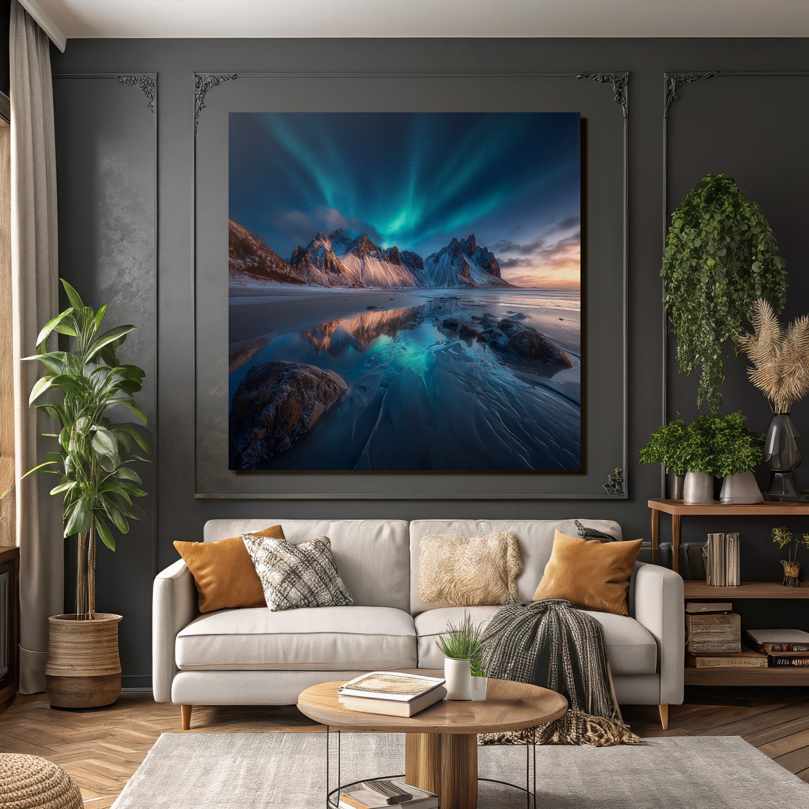 Polarlicht Nordlich Landschaft Mit Aurora Borealis Am Ufer | Fjorde und Gletscher | Landschaften