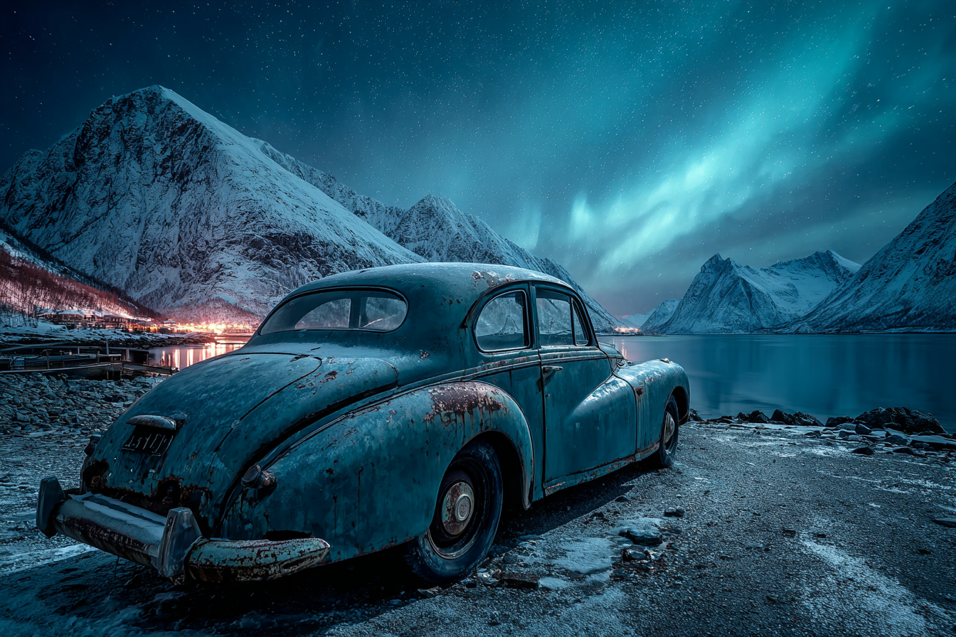 Polarlicht Gealtertes Auto Im Schnee Mit Nordlichtern Und Bergen | Fjorde und Gletscher | Landschaften