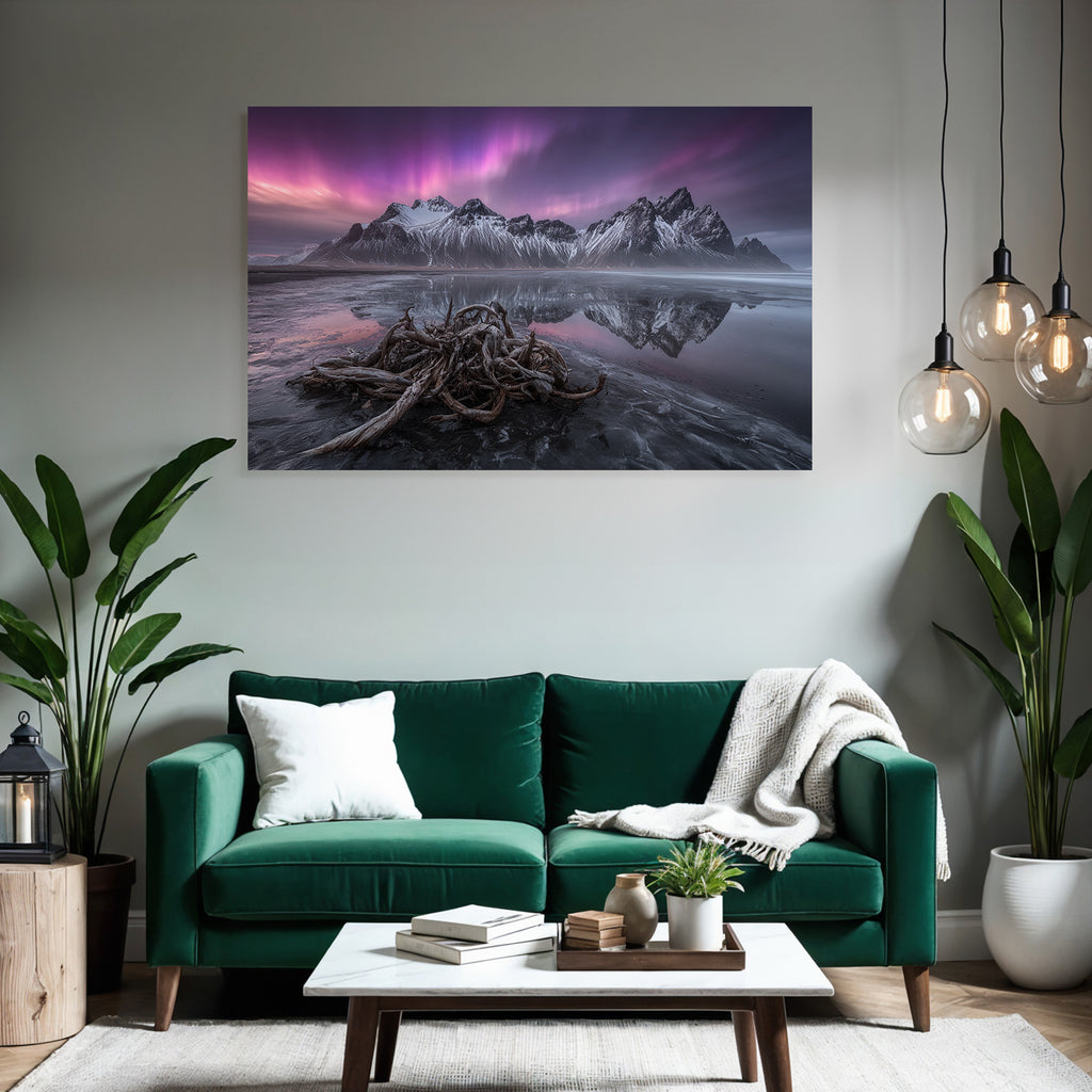 Polarlicht Schneebedeckte Berge Reflexion Im Wasser Atemberaubende Landschaft Sonnenaufgang Sonnenuntergang | Fjorde und Gletscher | Landschaften