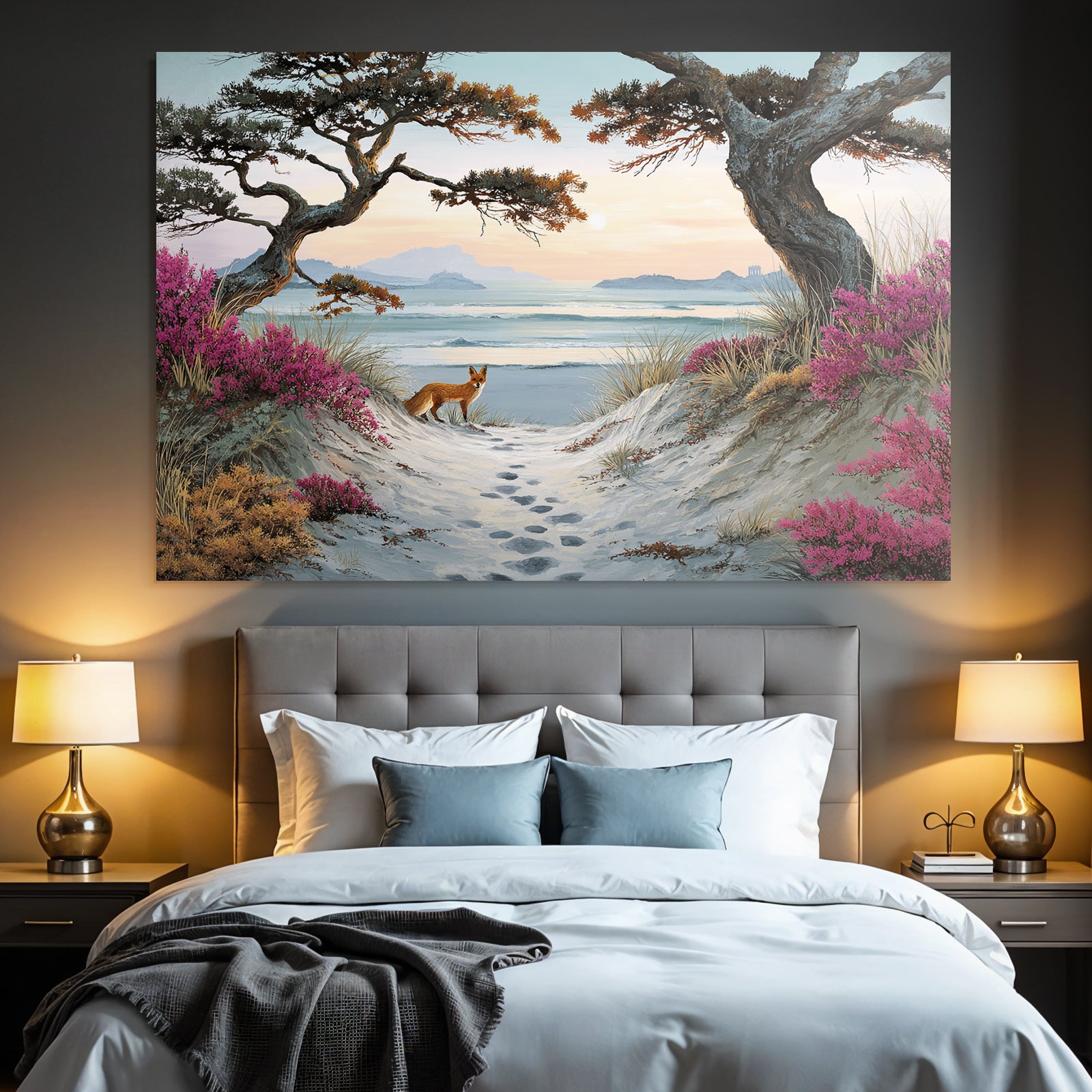 Szenenlandschaft Mit Strand Und Fox Unter Bergen Und Blumen | Duenen und Heide | Landschaften