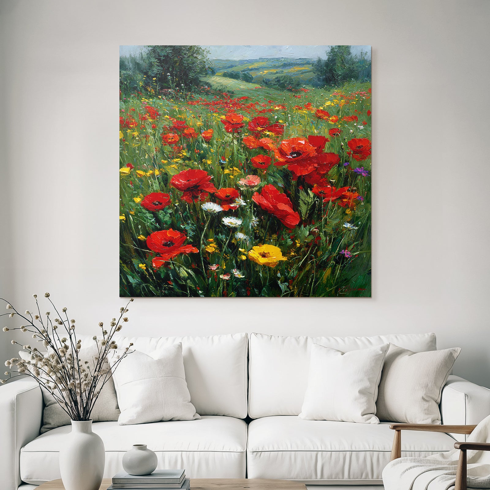Impressionistische Wiese Mit Roten Mohn Und Bunten Wild