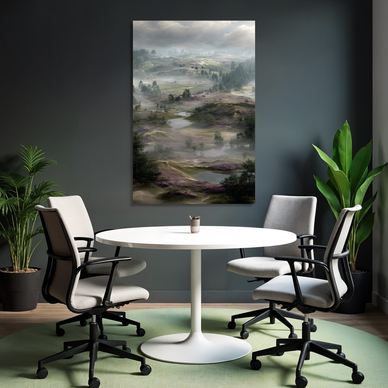 Digitale Landscape Mit Hügel Baeumen Und Wasser Im Mist | Duenen und Heide | Landschaften