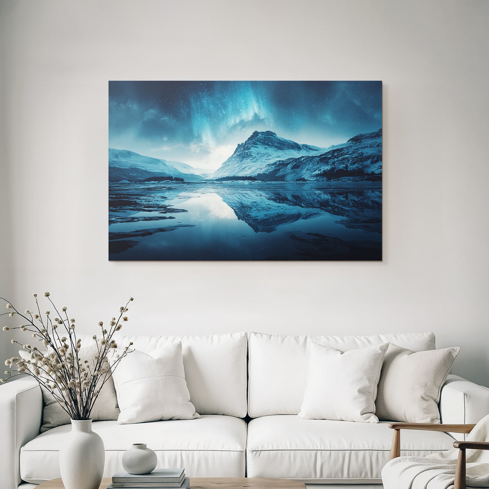 Polarlicht Szenische Landlandschaft Mit Bergen Und Aurora Borealis Reflektiert Im Wasser | Fjorde und Gletscher | Landschaften
