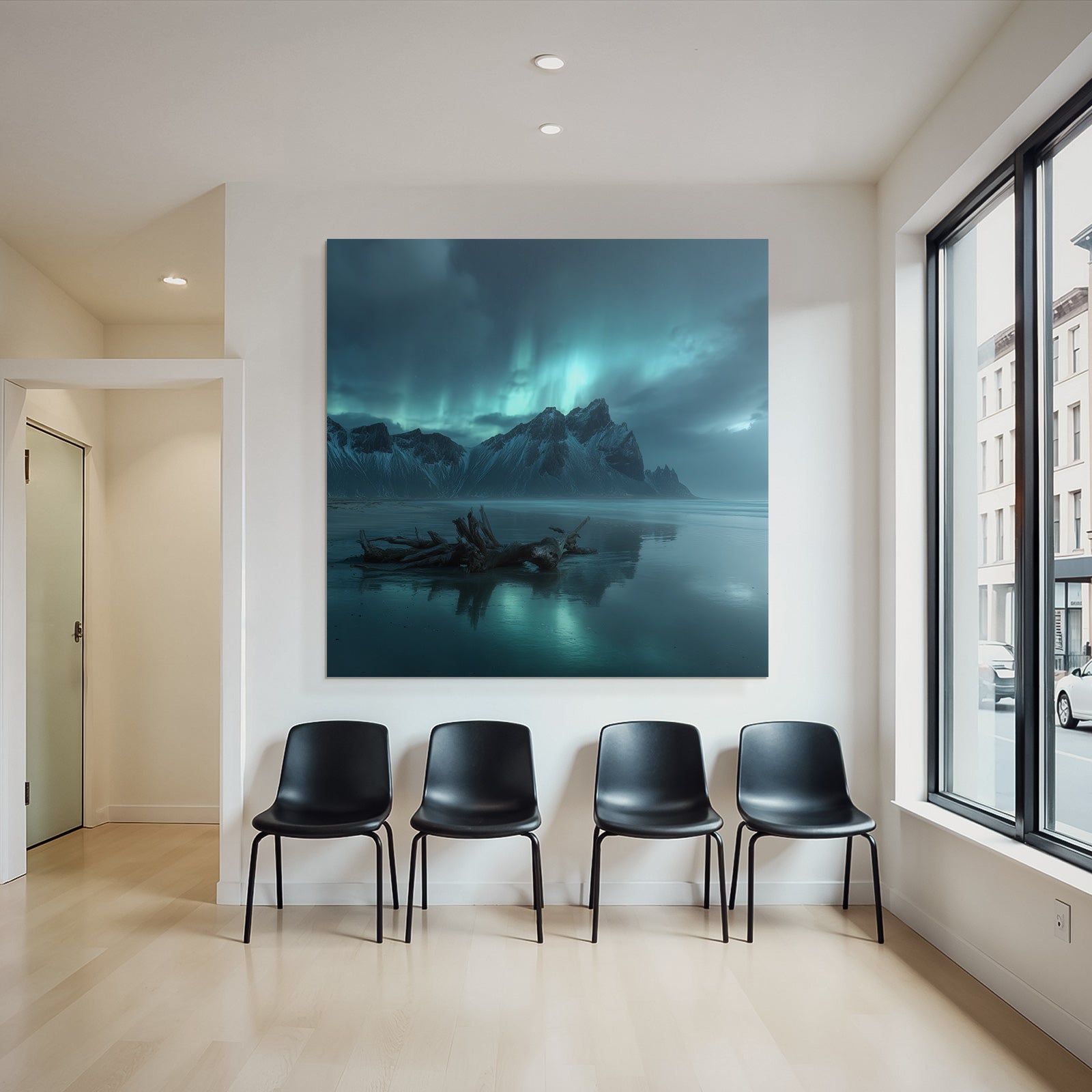Polarlicht Dramatische Berge Nacht Himmel Aurora Borealis Spiegelung Strand | Fjorde und Gletscher | Landschaften