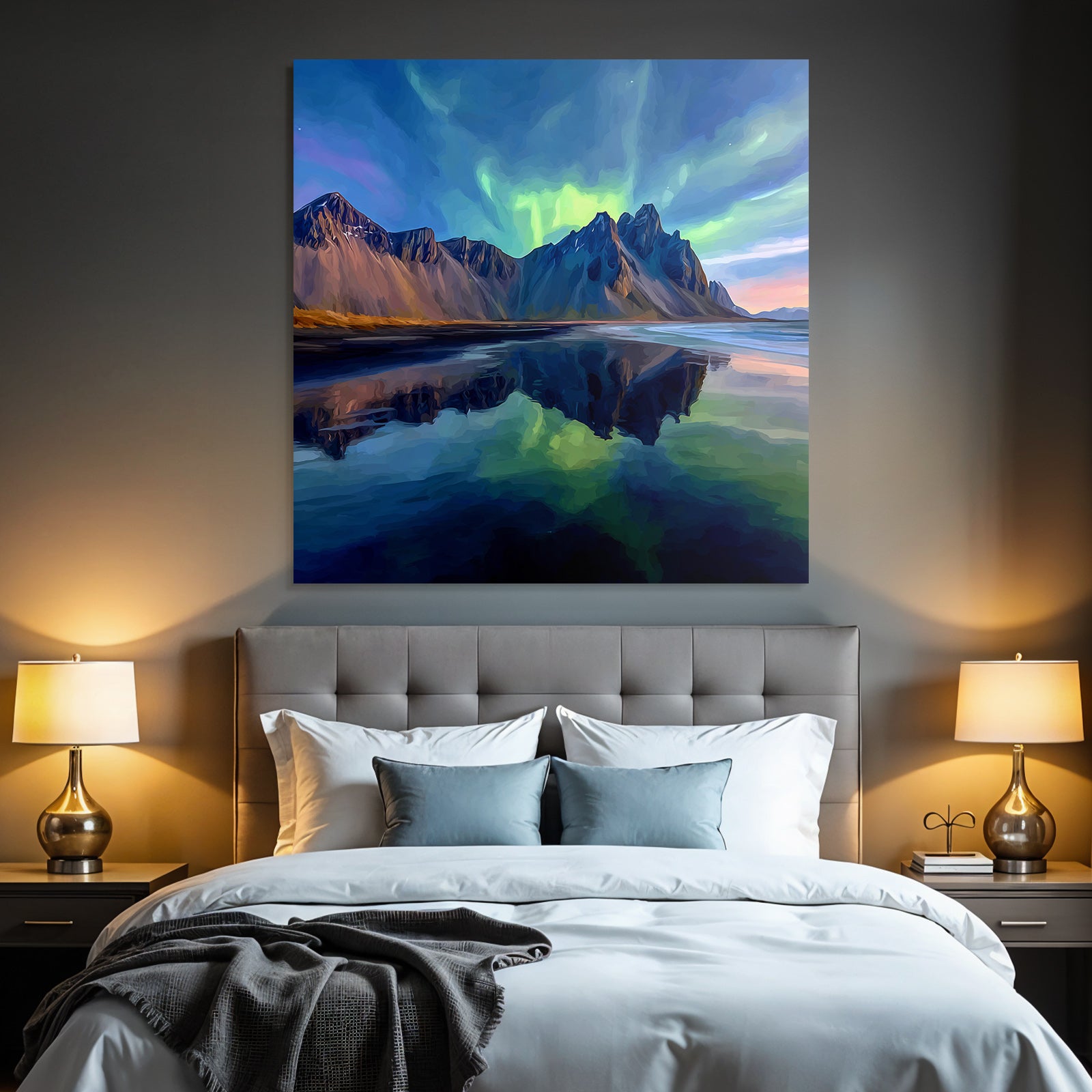 Polarlicht Szenische Landlandschaft Mit Bergen Und Nordlichtern Reflexion Im Wasser | Fjorde und Gletscher | Landschaften