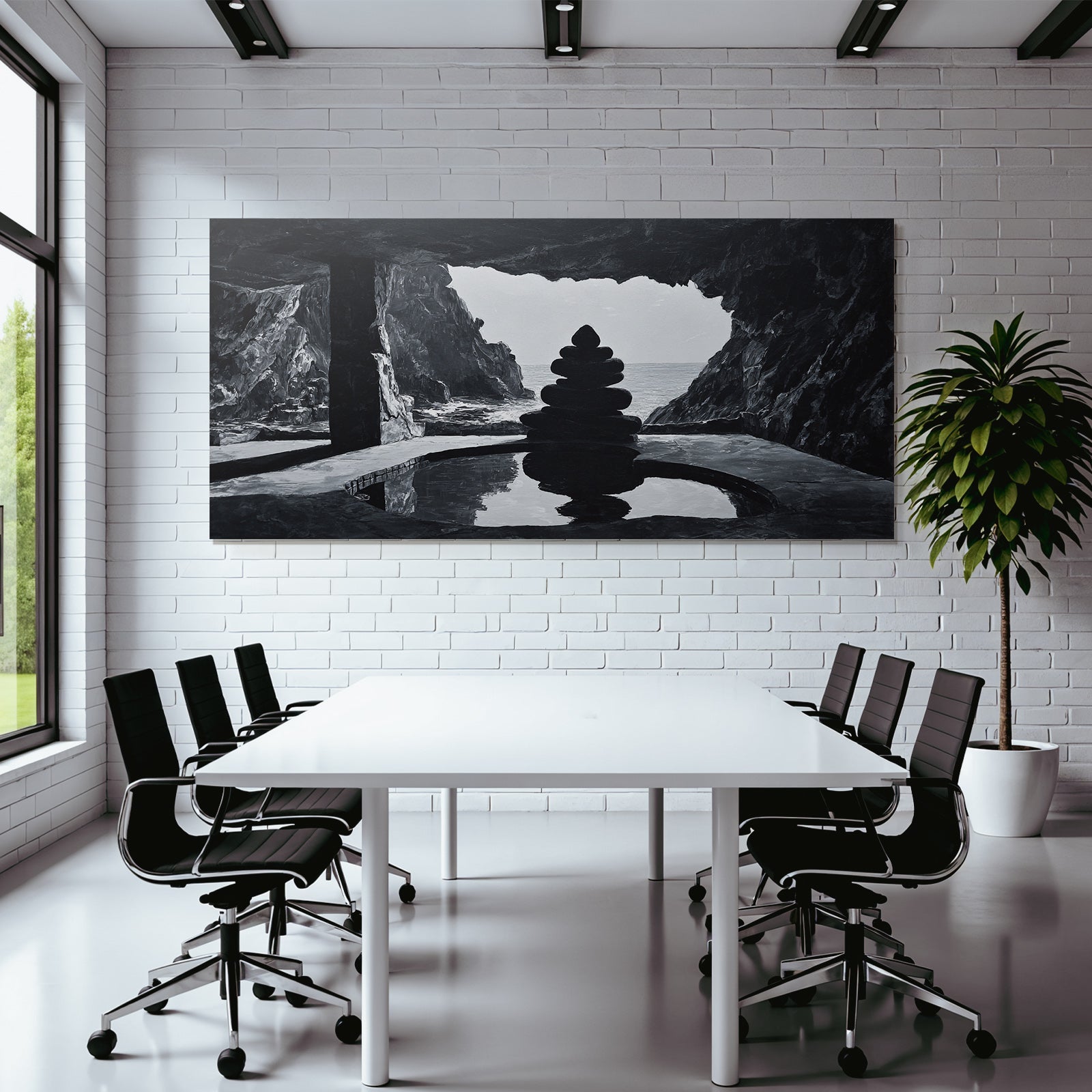 Yoga Meditation Monochromes Gebirgslandschaft Mit Kies Stapel Und Meeröffnung | Yoga und Meditation | Themen und Hobbys