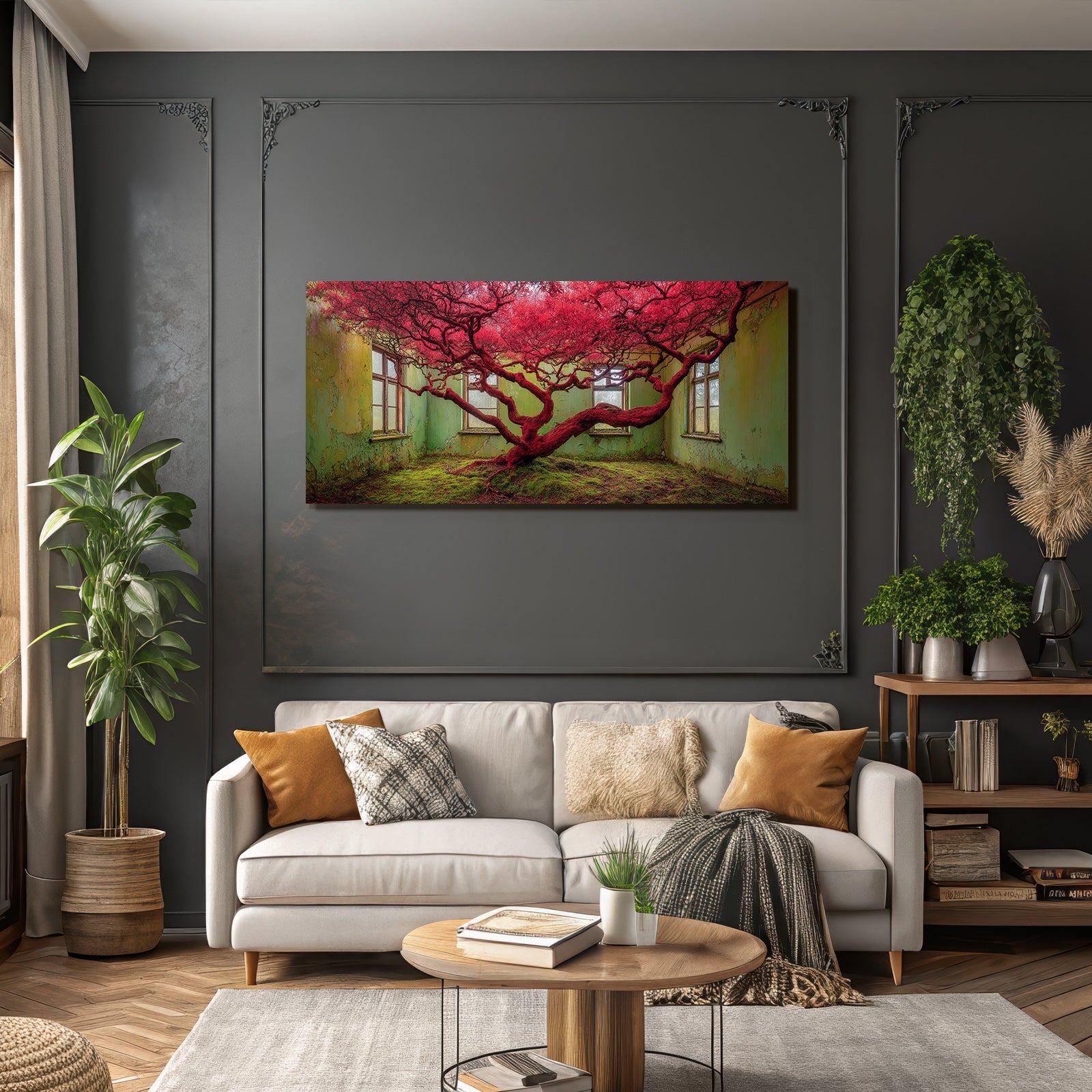 Rote Baum In Verfallener Raum Mit Grünen Wädern Und Moos Bedecktem Boden | Lost Places | Architektur