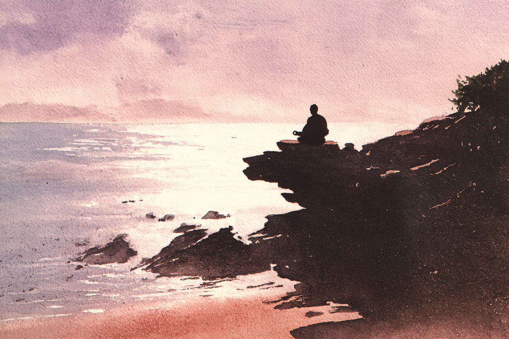 Yoga Meditation Meditierender Mensch Auf Felsen Am Meer Bei Sonnenuntergang | Yoga und Meditation | Themen und Hobbys