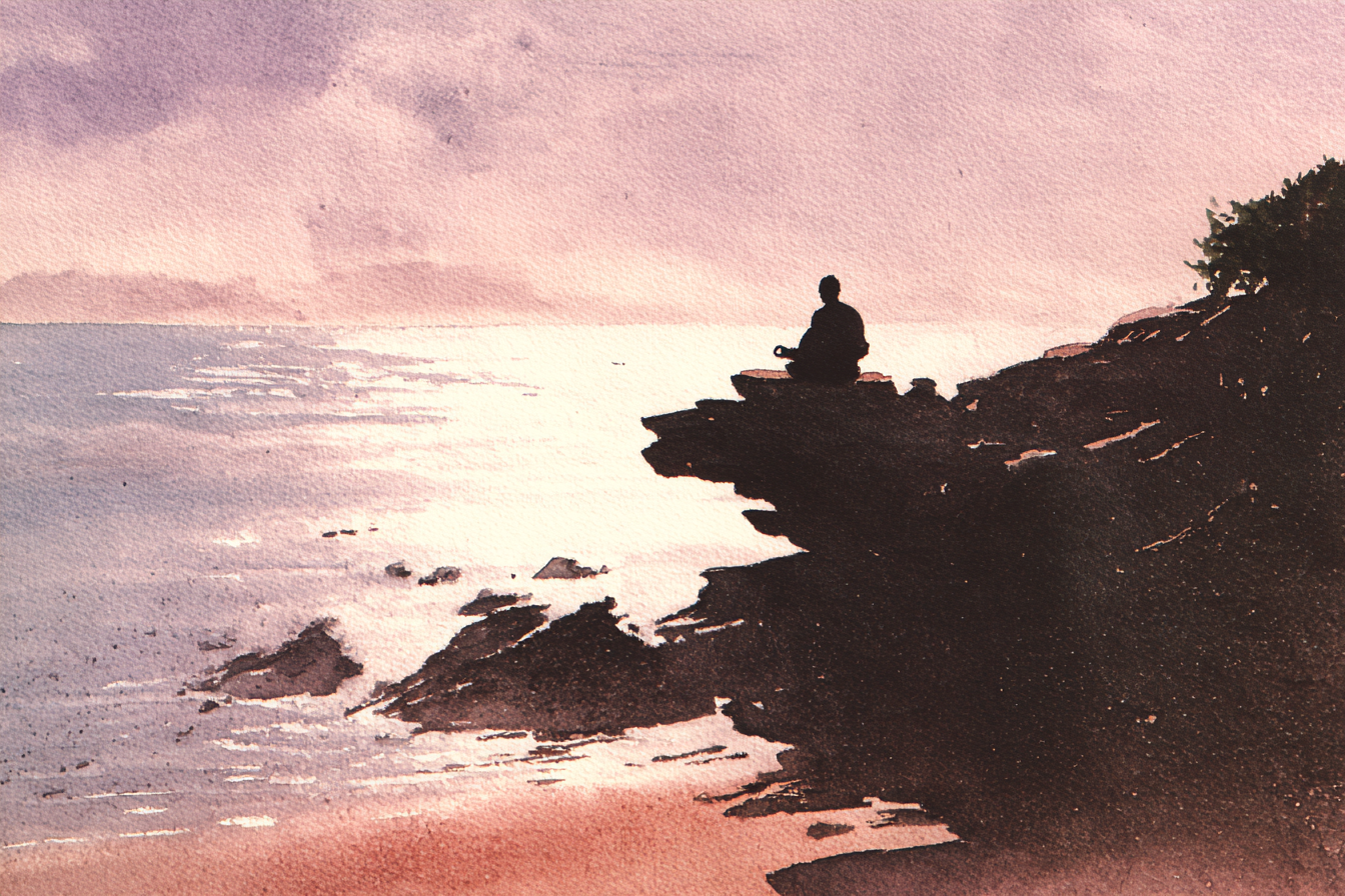 Yoga Meditation Meditierender Mensch Auf Felsen Am Meer Bei Sonnenuntergang | Yoga und Meditation | Themen und Hobbys