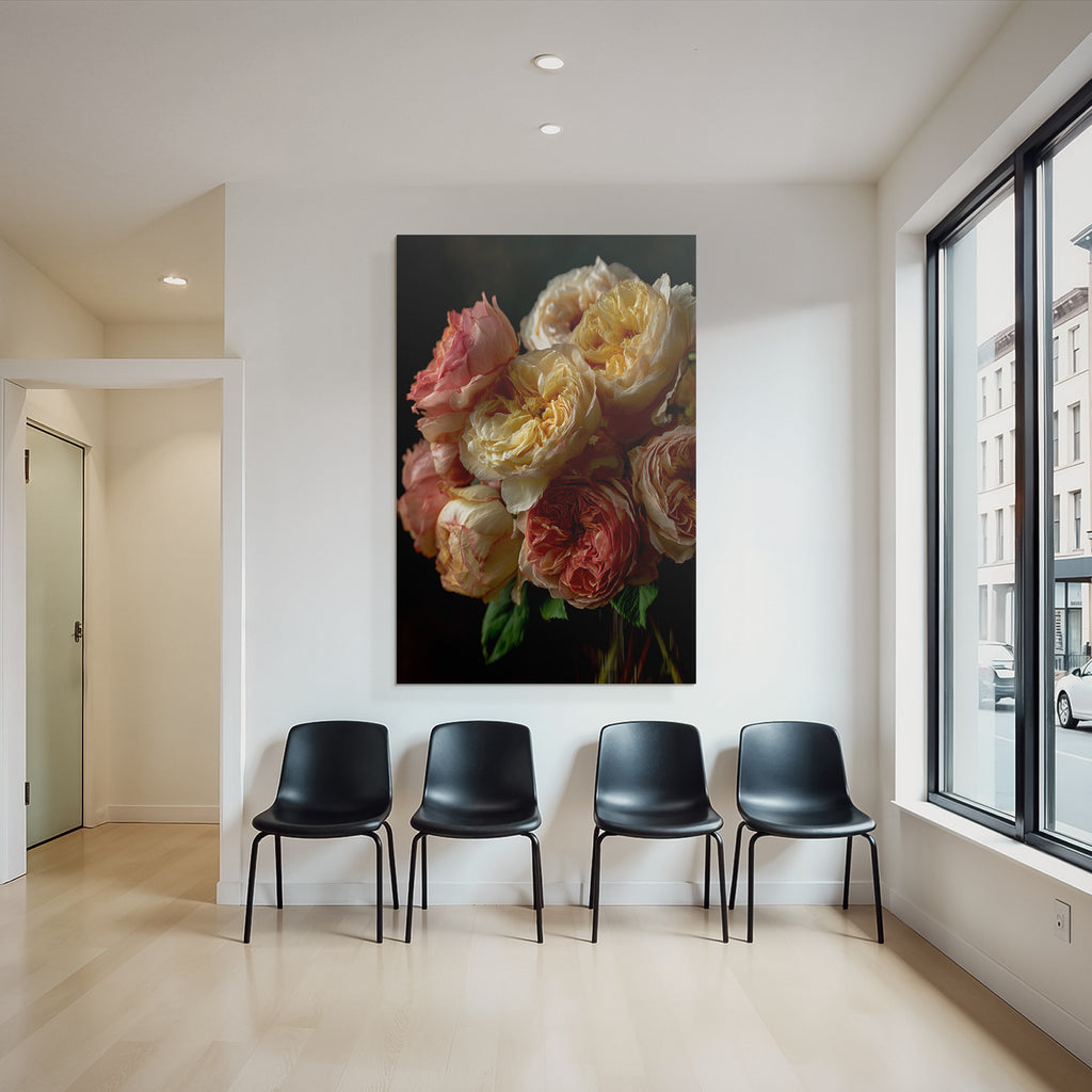 Nahaufnahme Eines Rosenstrausses In Pastellrosa Creme Und Gelb Auf Dunklem Hintergrund