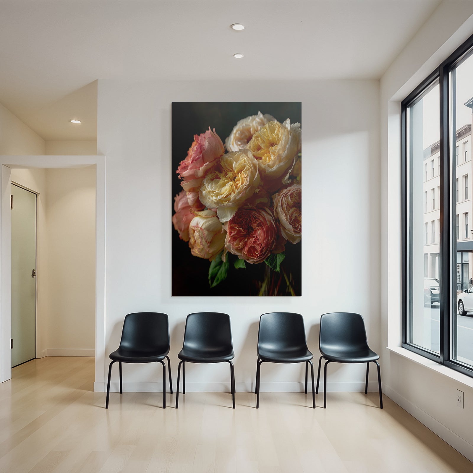 Nahaufnahme Eines Rosenstrausses In Pastellrosa Creme Und Gelb Auf Dunklem Hintergrund