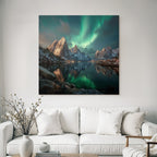 Polarlicht Schneebedeckte Berge Nordlichter Spiegelung Wasser Nachtlandschaft | Fjorde und Gletscher | Landschaften
