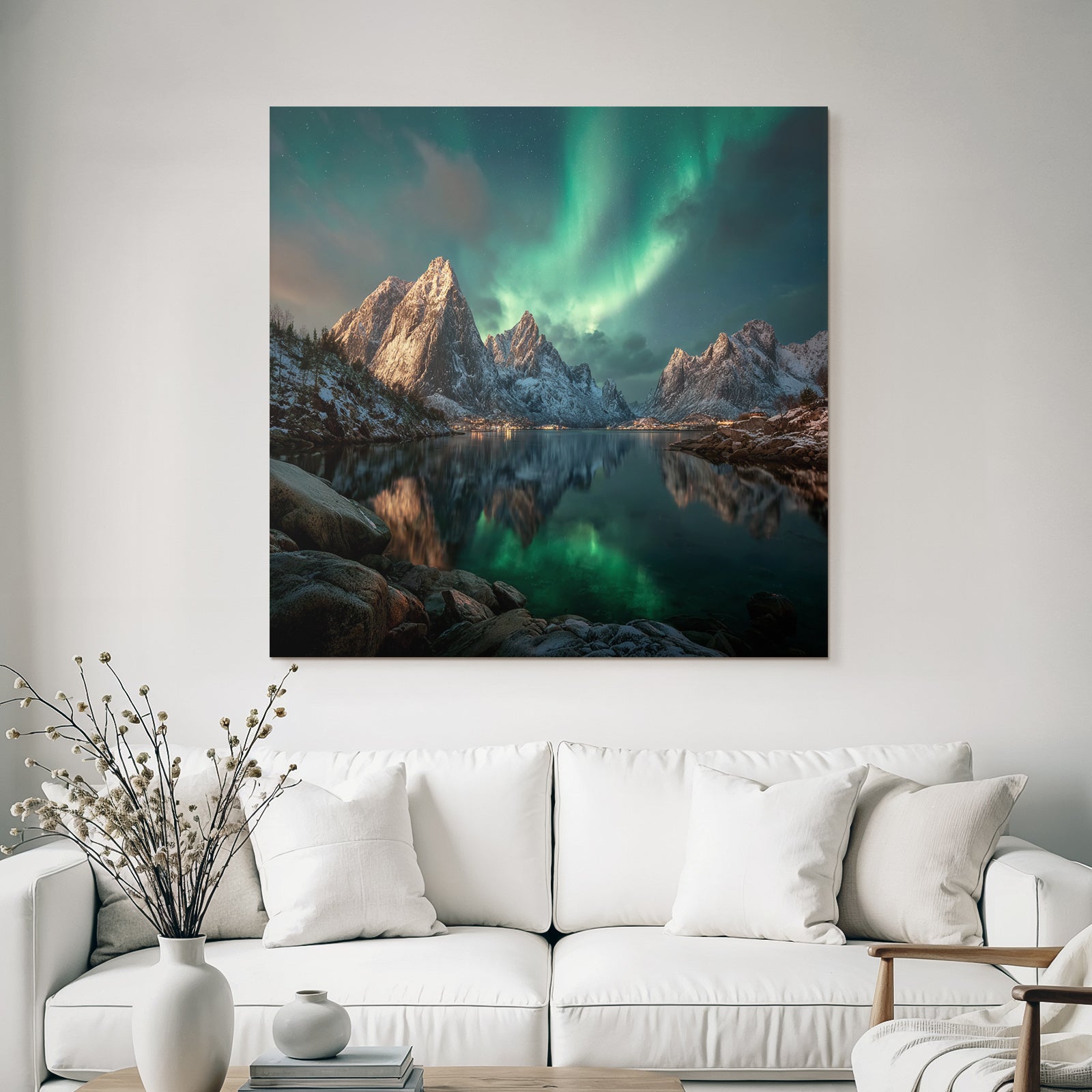 Polarlicht Schneebedeckte Berge Nordlichter Spiegelung Wasser Nachtlandschaft | Fjorde und Gletscher | Landschaften