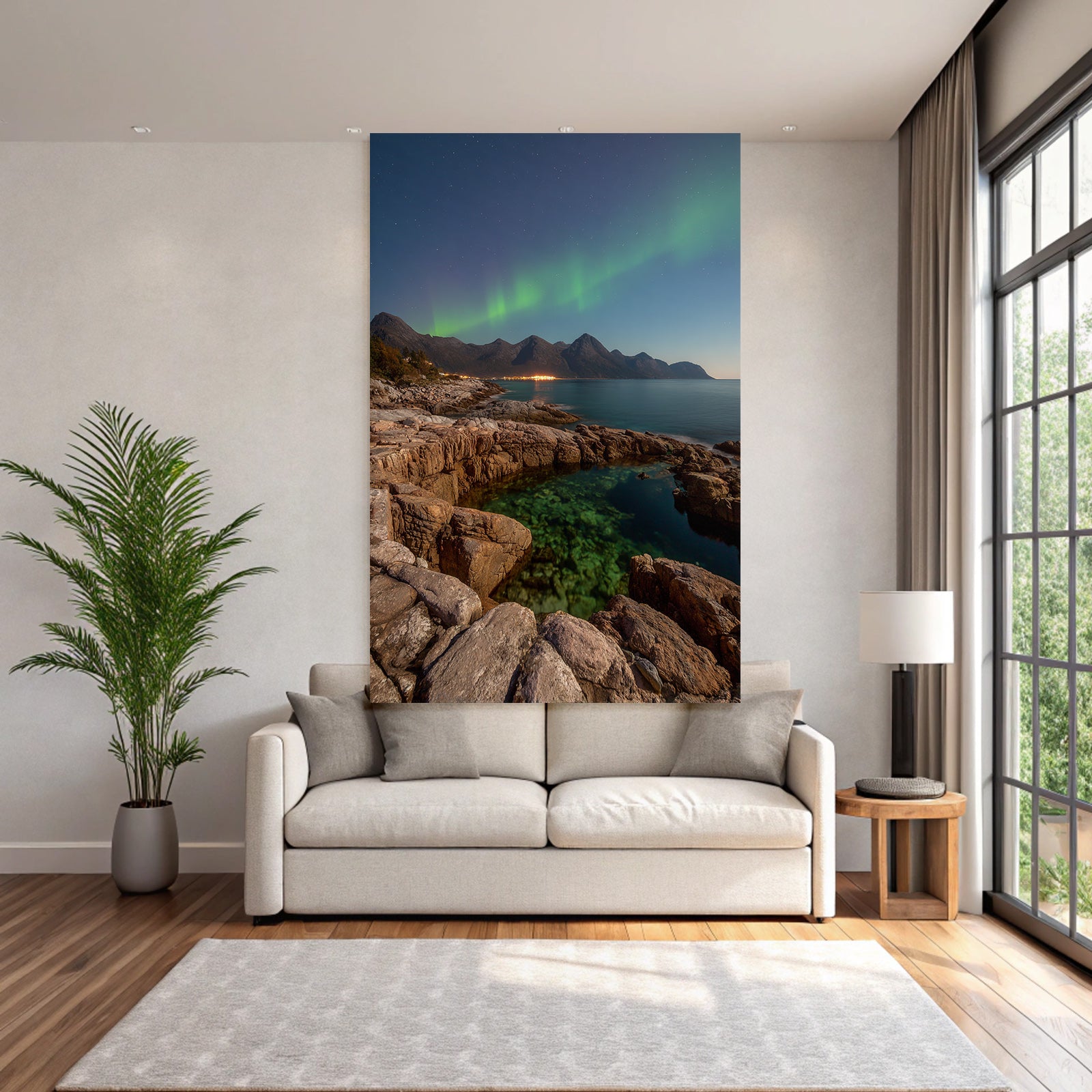 Polarlicht Felsenküste Klare Wasser Und Nordlichter Nachtlandschaft | Fjorde und Gletscher | Landschaften