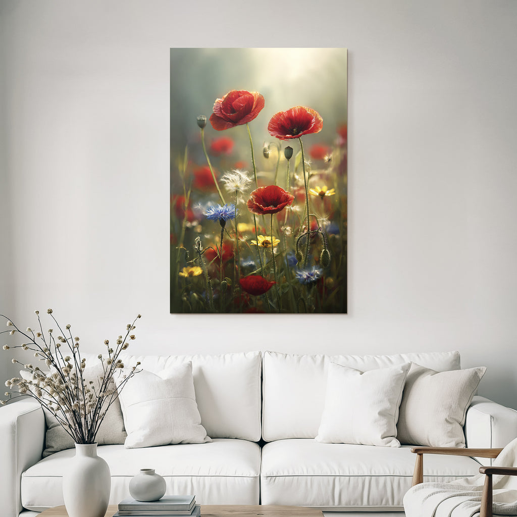 Leuchtendes Feld Mit Roten Mohn Und Blaün Gelben Blüten