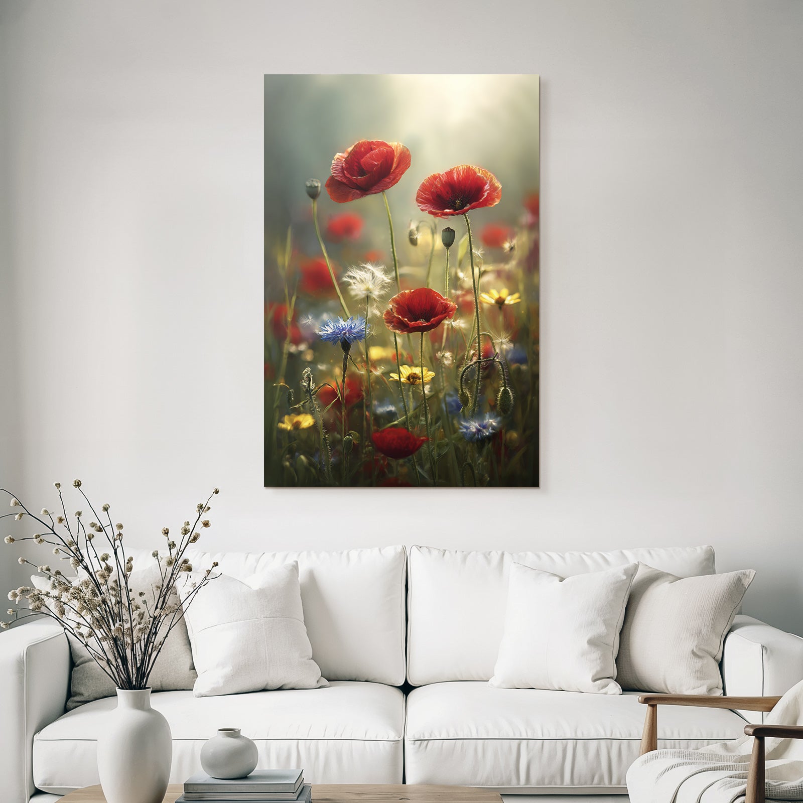 Leuchtendes Feld Mit Roten Mohn Und Blaün Gelben Blüten