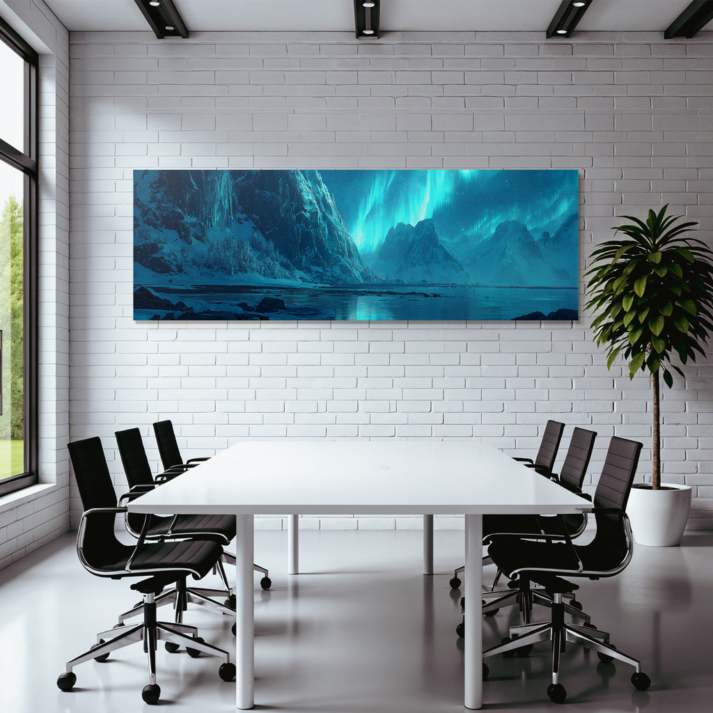 Polarlicht Schneebedeckte Berge Mit Aurora Borealis Und Reflektion Im Wasser | Fjorde und Gletscher | Landschaften