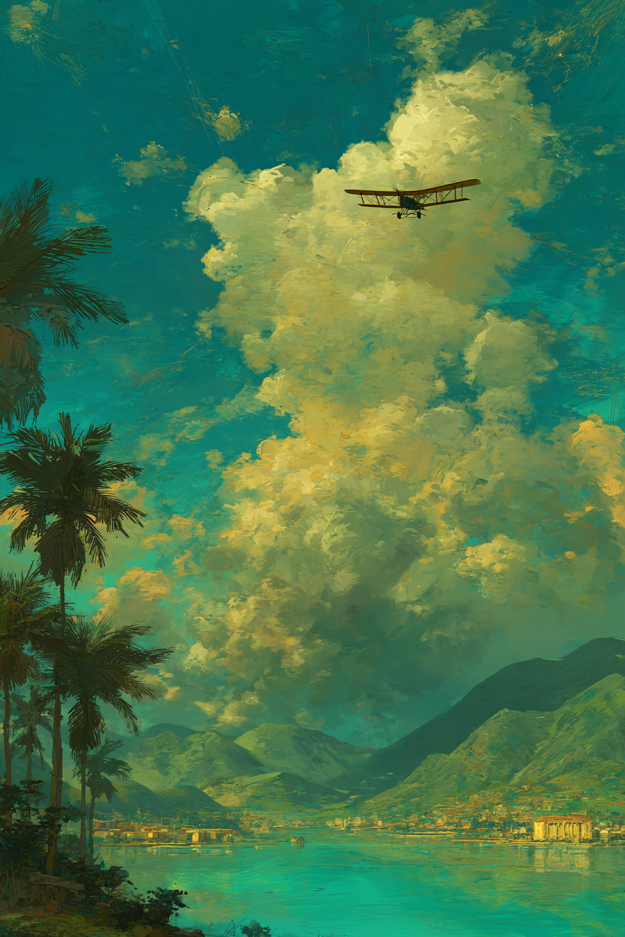 Szenische Landschaft Mit Flughimmel Palm Baeumen Und Bergen | Flugzeuge | Mobilitaet und Technik