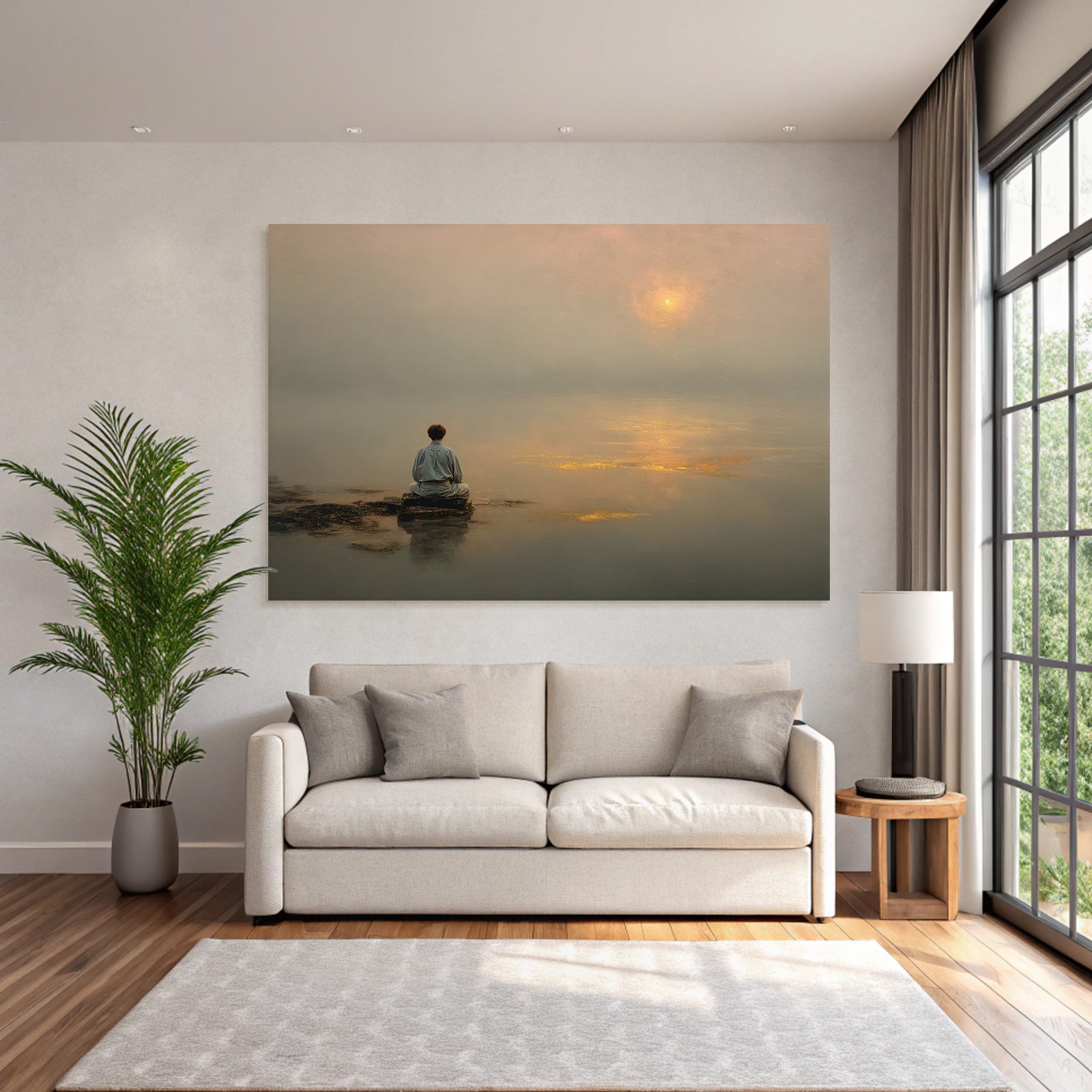 Yoga Meditation Friedliche Szene Person Am Stein Im Nebel Bei Wasser Horizont Ruhiger Moment | Yoga und Meditation | Themen und Hobbys