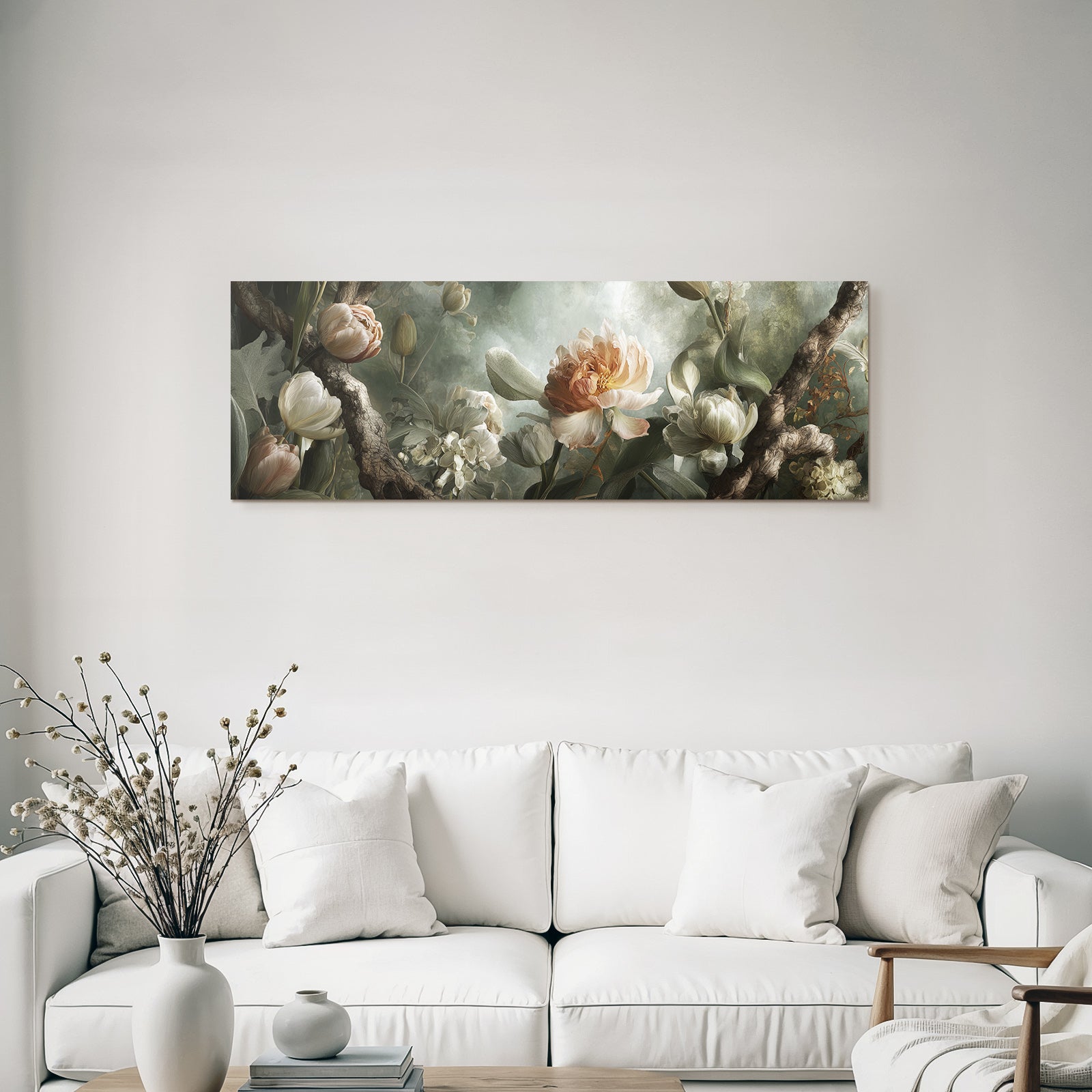 Arrangement Mit Tulpen Und Pfingstrosen An Zweigen