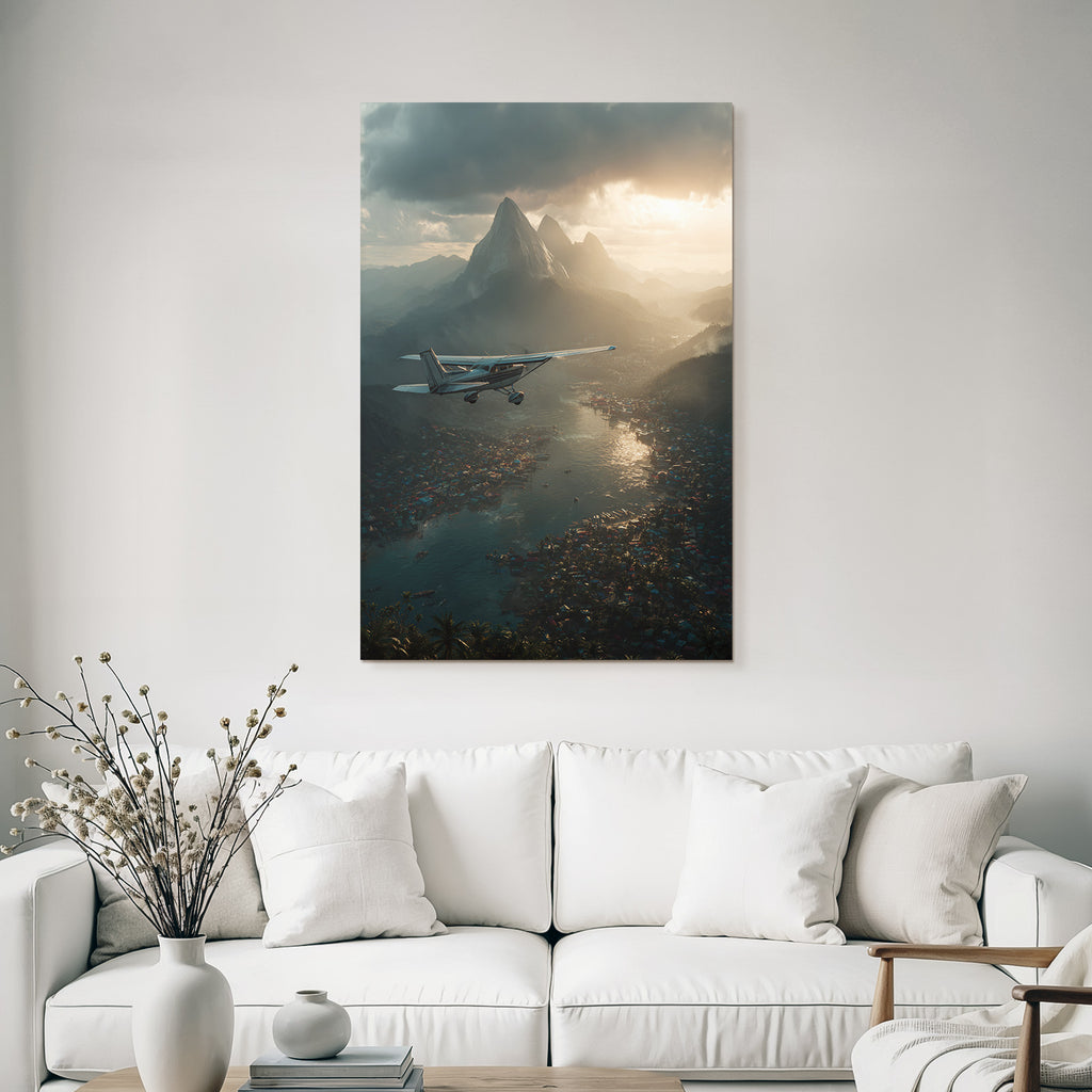 Kleiner Flugzeug Über Berge Und Wasser Bunte Haeuser Landschaft | Flugzeuge | Mobilitaet und Technik