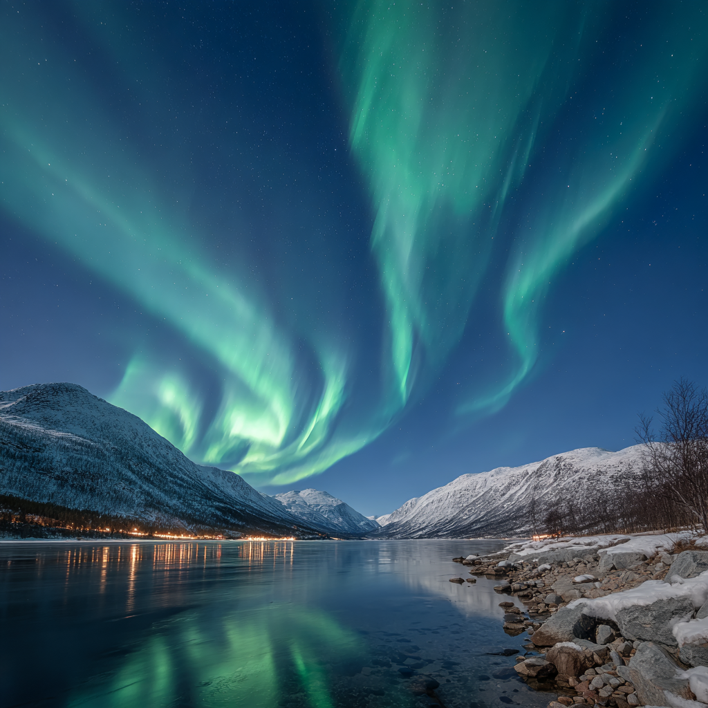 Polarlicht Aurora Borealis Nachtlandschaft Mit Reflexionen In Klarem Wasser | Fjorde und Gletscher | Landschaften