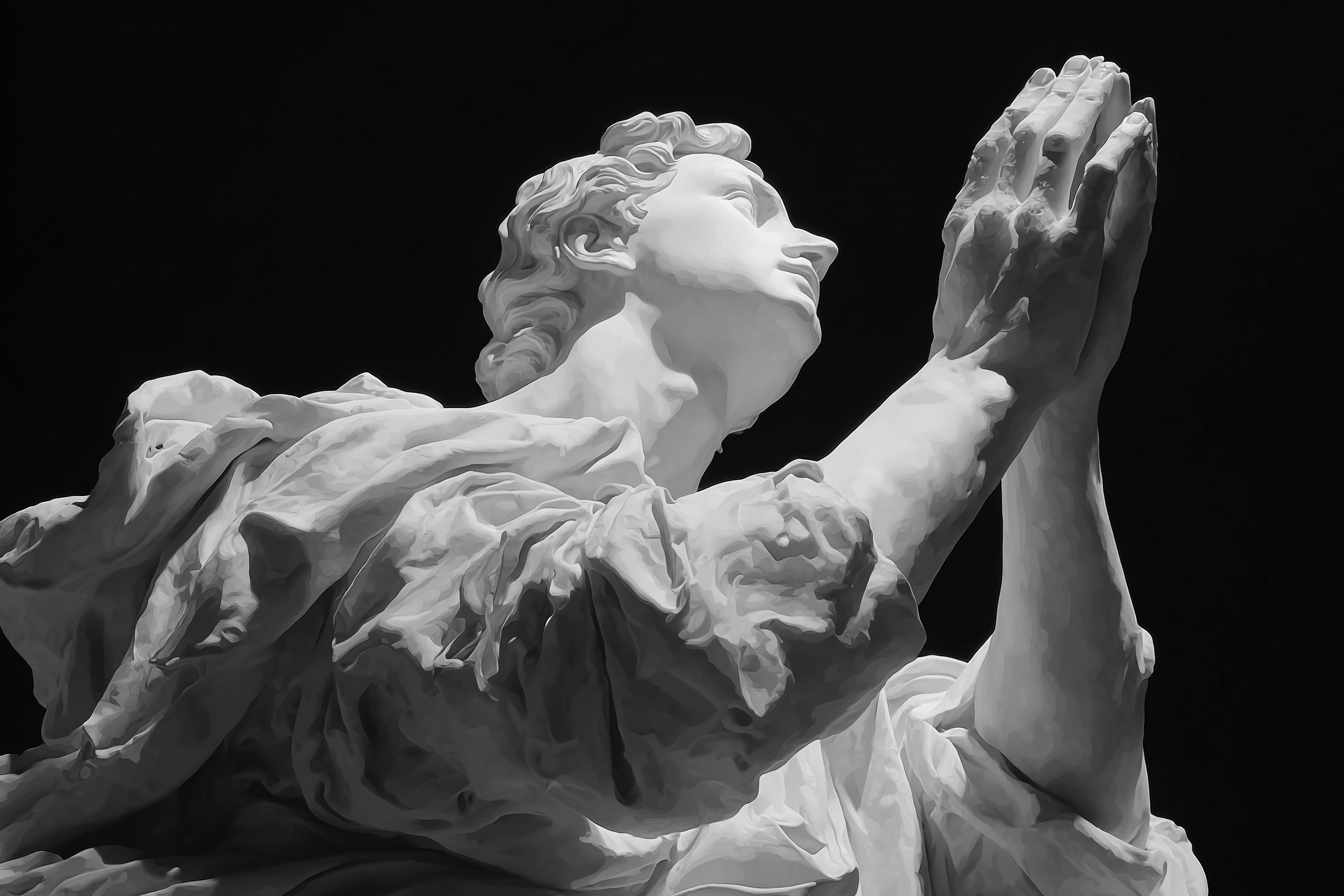 Weisse Marmorskulptur Betende Figur Mit Fliessenden Gewändern | Haende und Gestik | Menschen und Emotionen