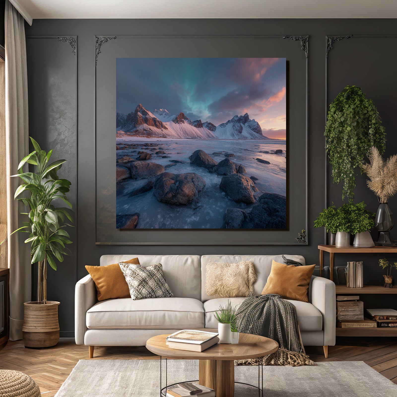 Polarlicht Winterlandschaft Mit Bergen Und Nordlichtern Mit Farbenfrohem Himmel | Fjorde und Gletscher | Landschaften