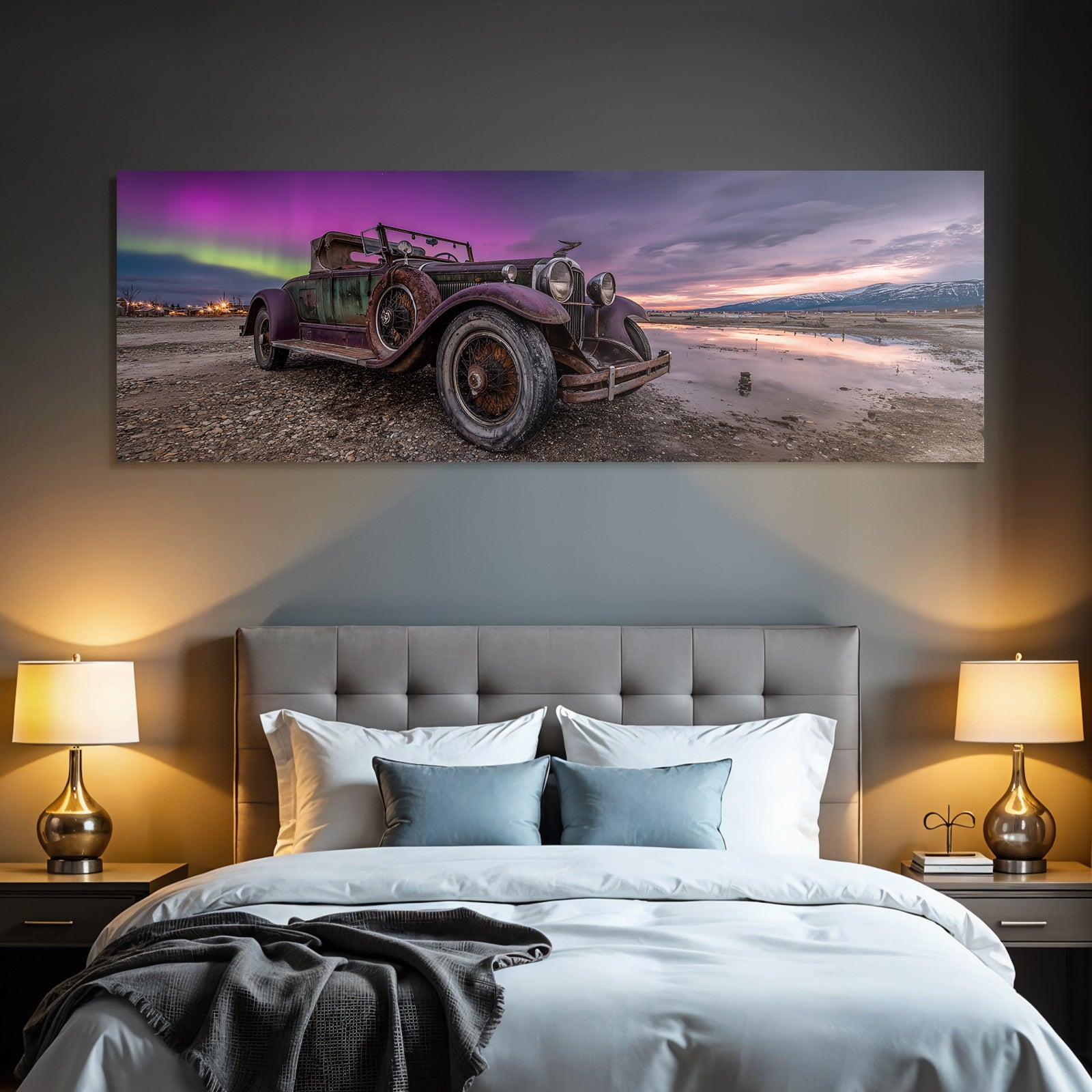Polarlicht Alte Vintage Auto Und Aurora Borealis Im Landschaftsbild | Fjorde und Gletscher | Landschaften