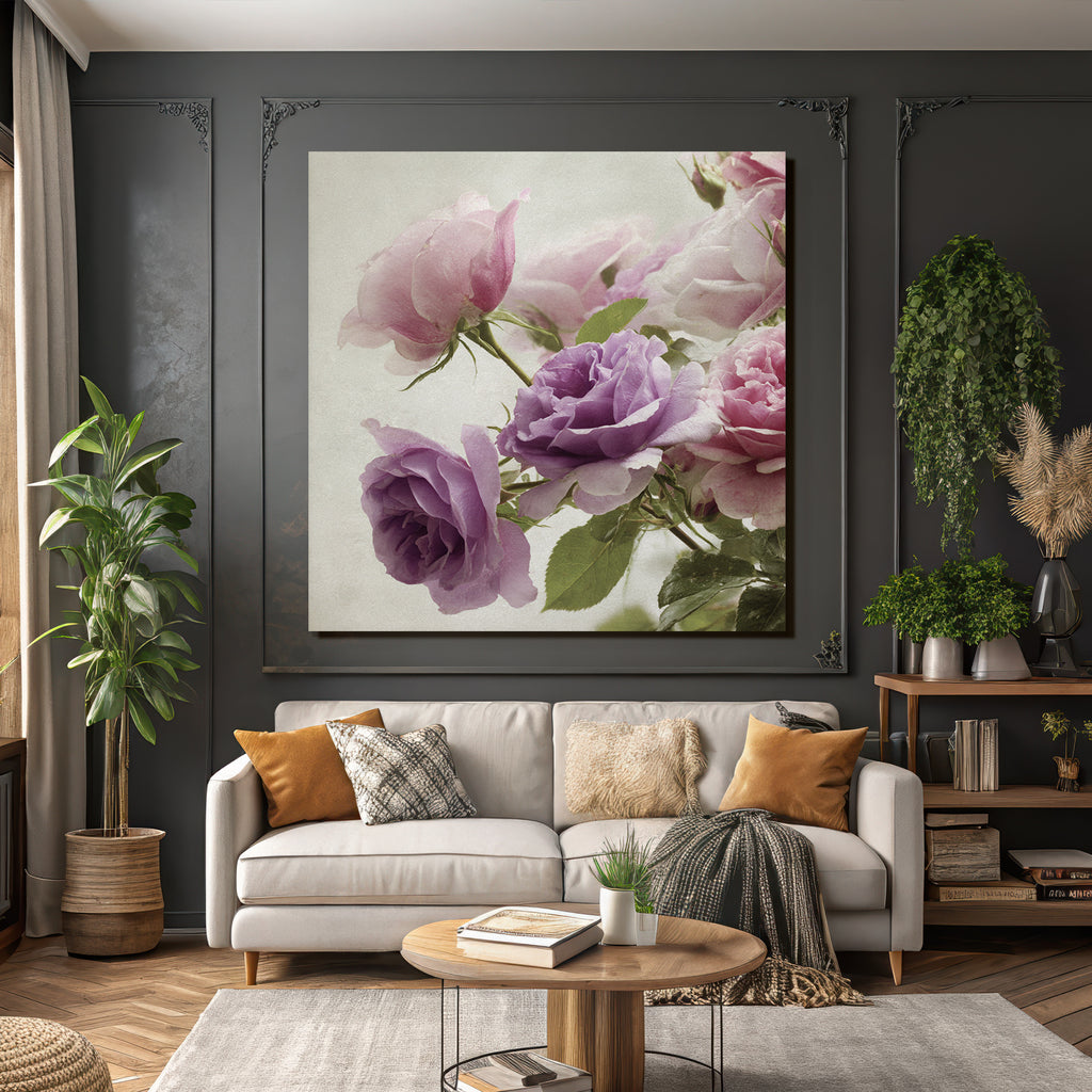Naheaufnahme Eines Rosenstrausses In Zarten Rosa Und Lila Nuancen Romantisch