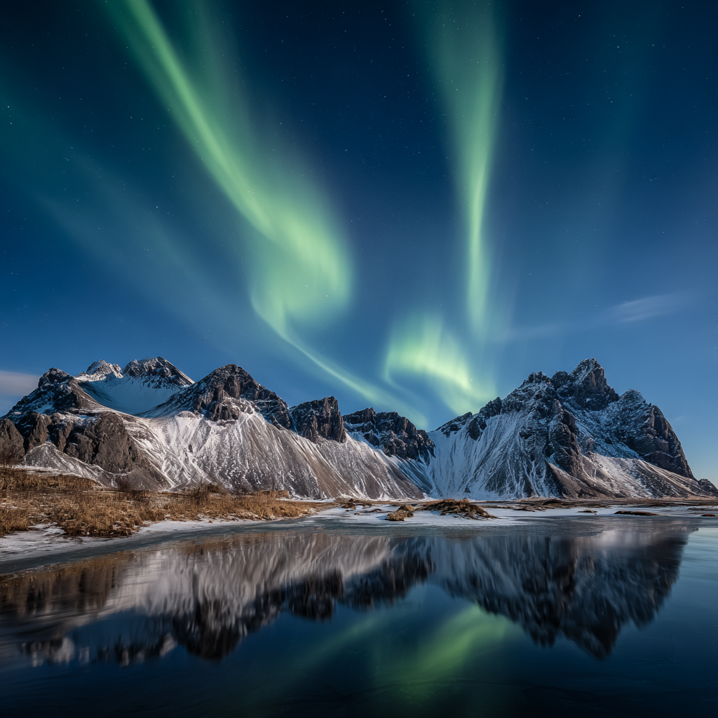 Polarlicht Schneebedeckte Berge Und Nordlichter Auf Dem Wasser | Fjorde und Gletscher | Landschaften